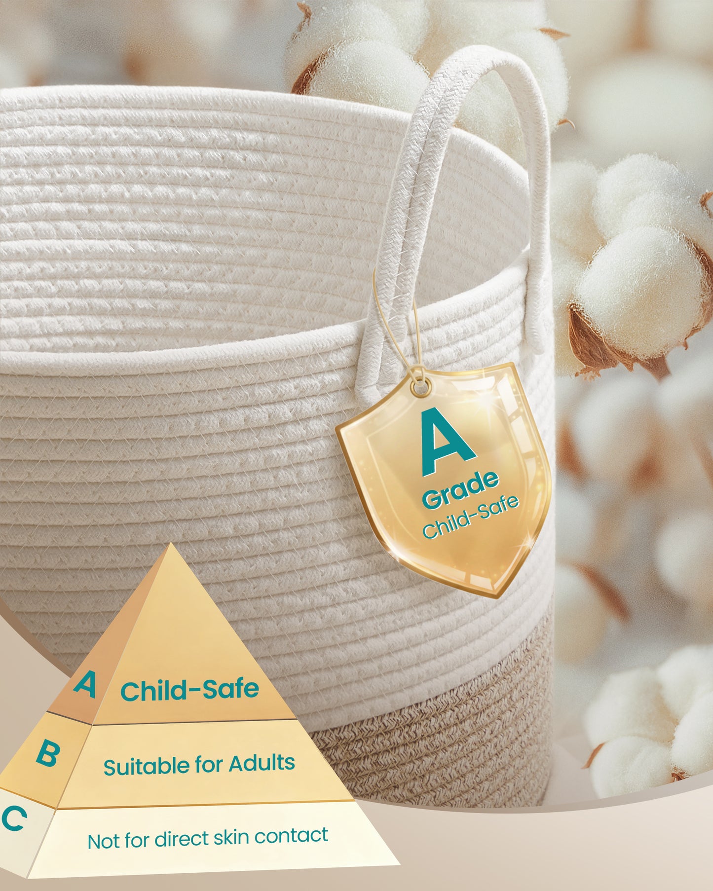 Cotton Rope Laundry Basket, 15.8 Gal Natural Fiber Hamper with Handles, for Kids' Toys Clothing Bedroom Living Room, White & Grayish Brown