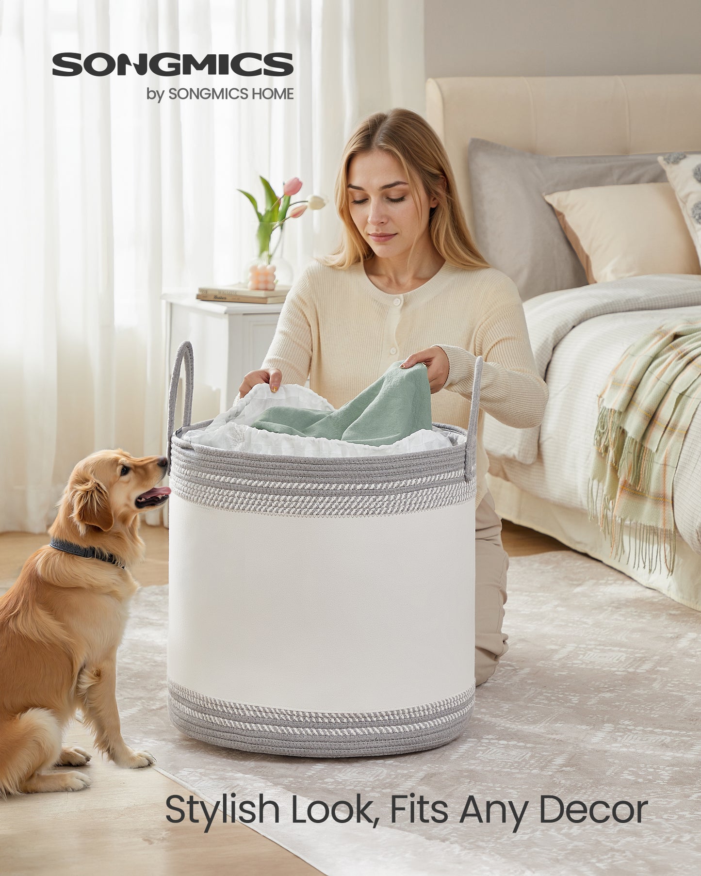 90L Oversized Laundry Basket with Drawstring Lid & Handles - Breathable Cotton Rope Storage Hamper for Clothes - Dove Gray