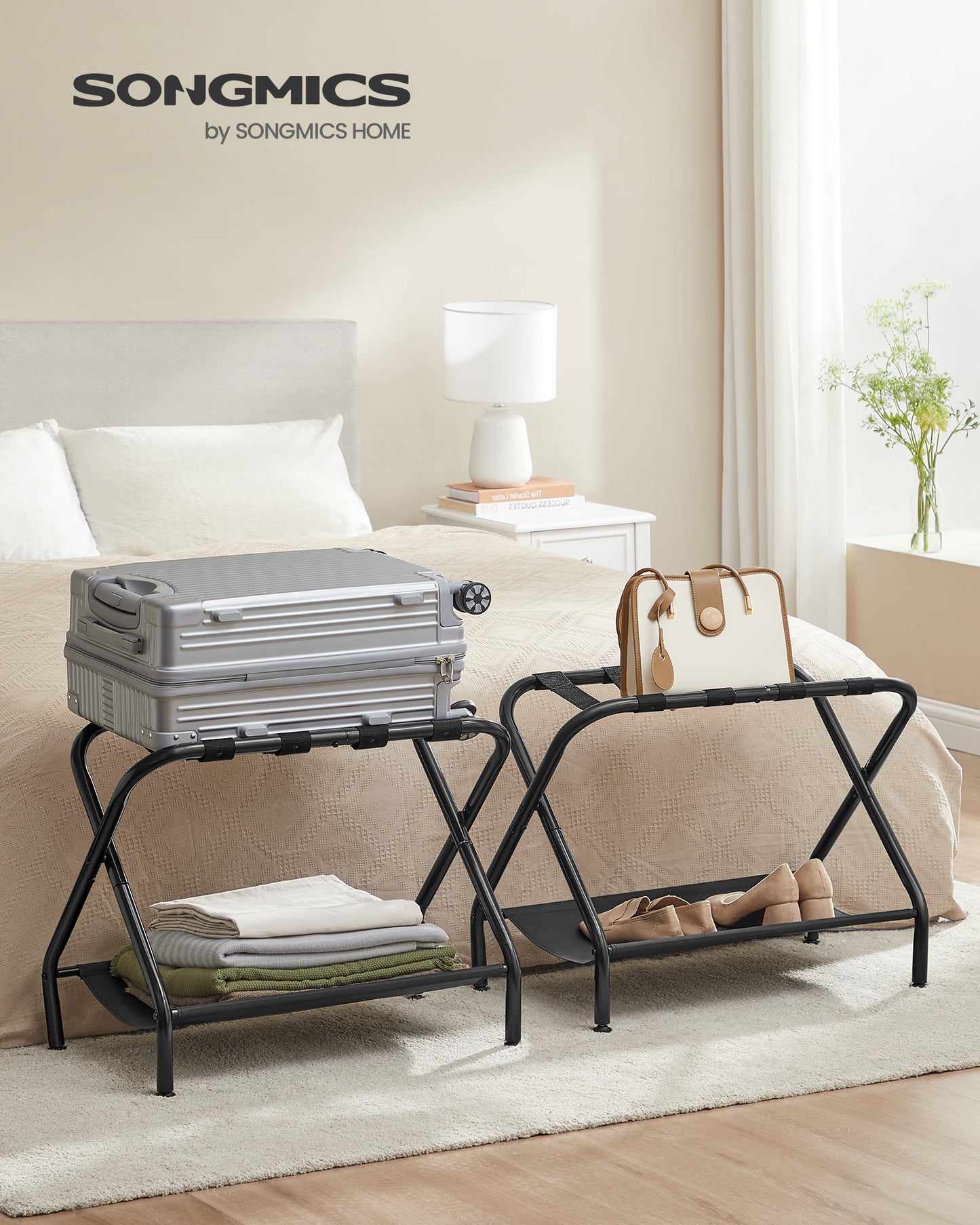 Luggage Rack with Fabric Storage Shelf, Suitcase Stands, Luggage Stand, Foldable Steel Frame, Holds up to 110 lb, 27.2 x 15 x 20.5 Inches