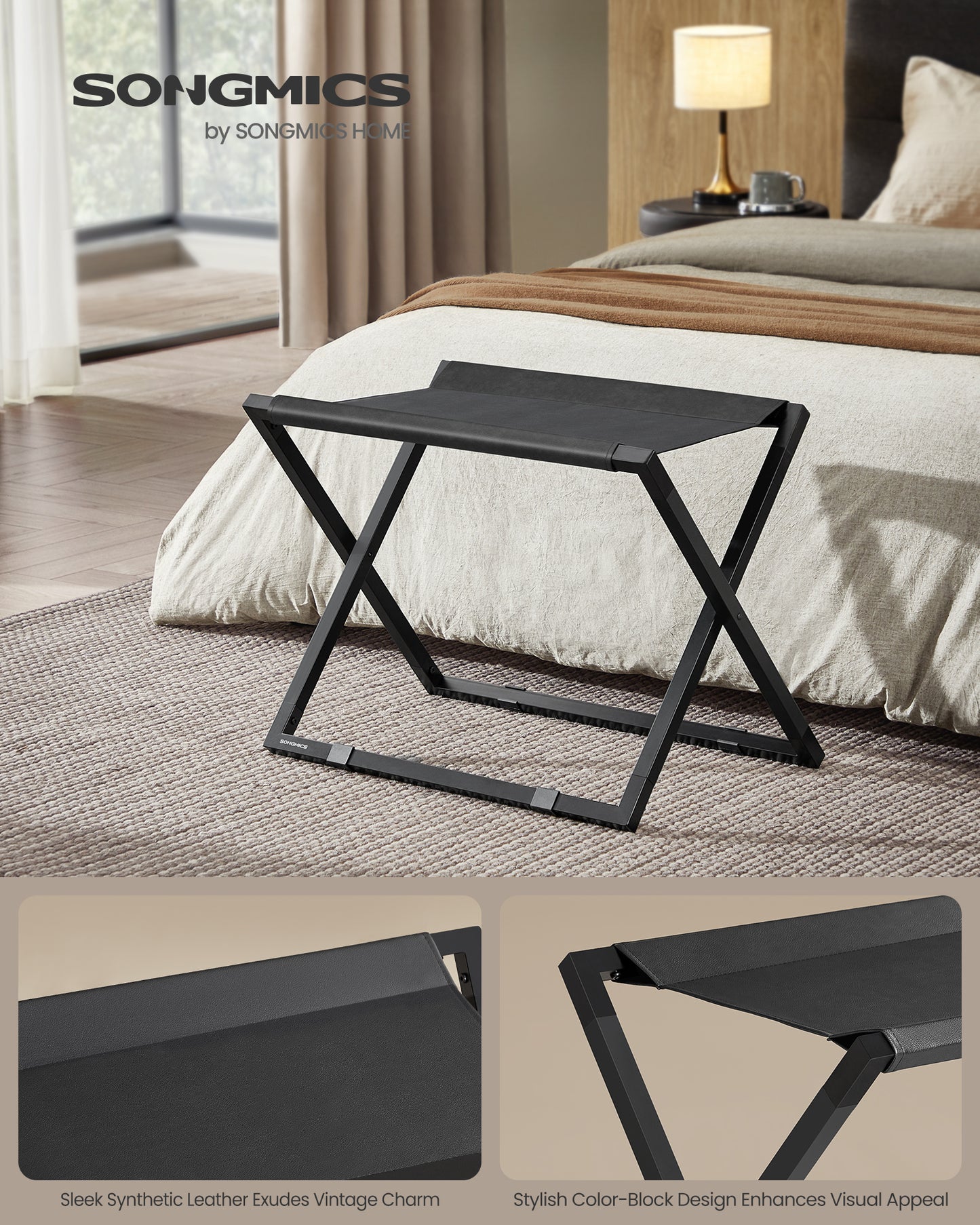 Folding Luggage Rack, Metal Suitcase Stand with Synthetic Leather Top & Floor Protection, 110 lb Capacity for Guest Room Hotel, Ink Black & Charcoal Gray