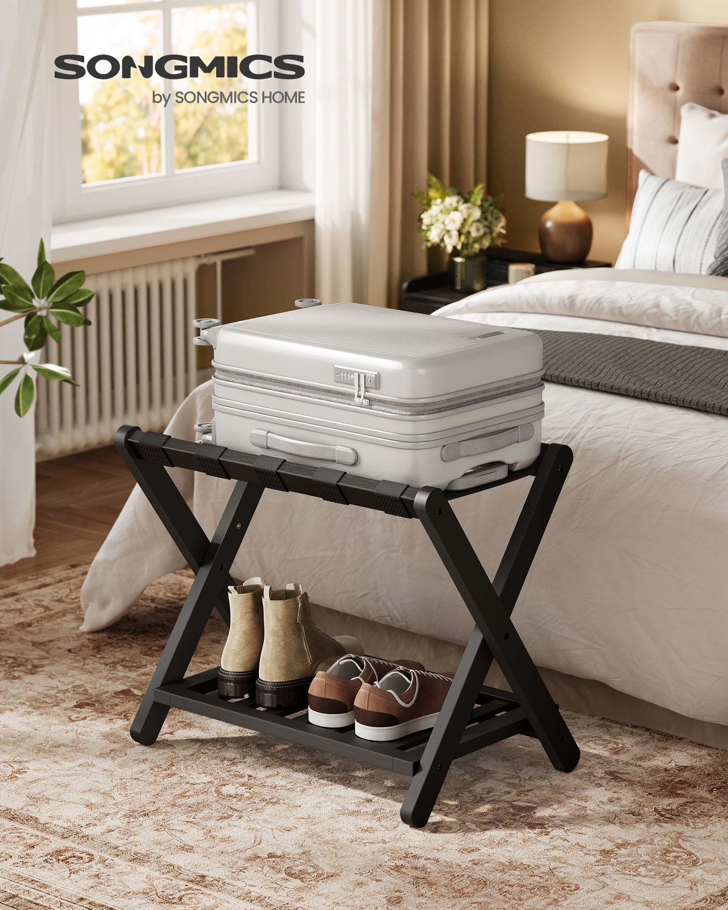 Solid Wood Foldable Luggage Rack, No Assembly Required Suitcase Stand with Storage Shelf, Sturdy & Space-Saving, Natural Wood, Ink Black