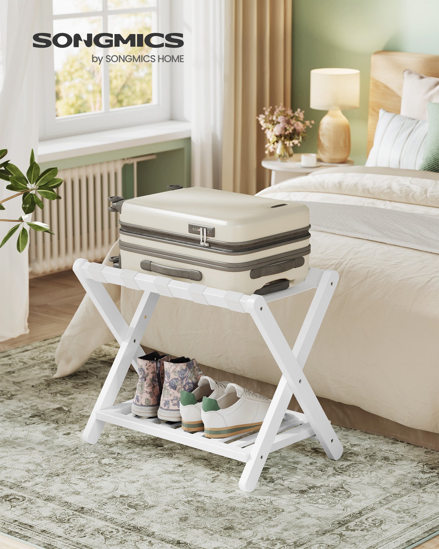 Solid Wood Foldable Luggage Rack, No Assembly Required Suitcase Stand with Storage Shelf, Sturdy & Space-Saving, Natural Wood, Cloud White
