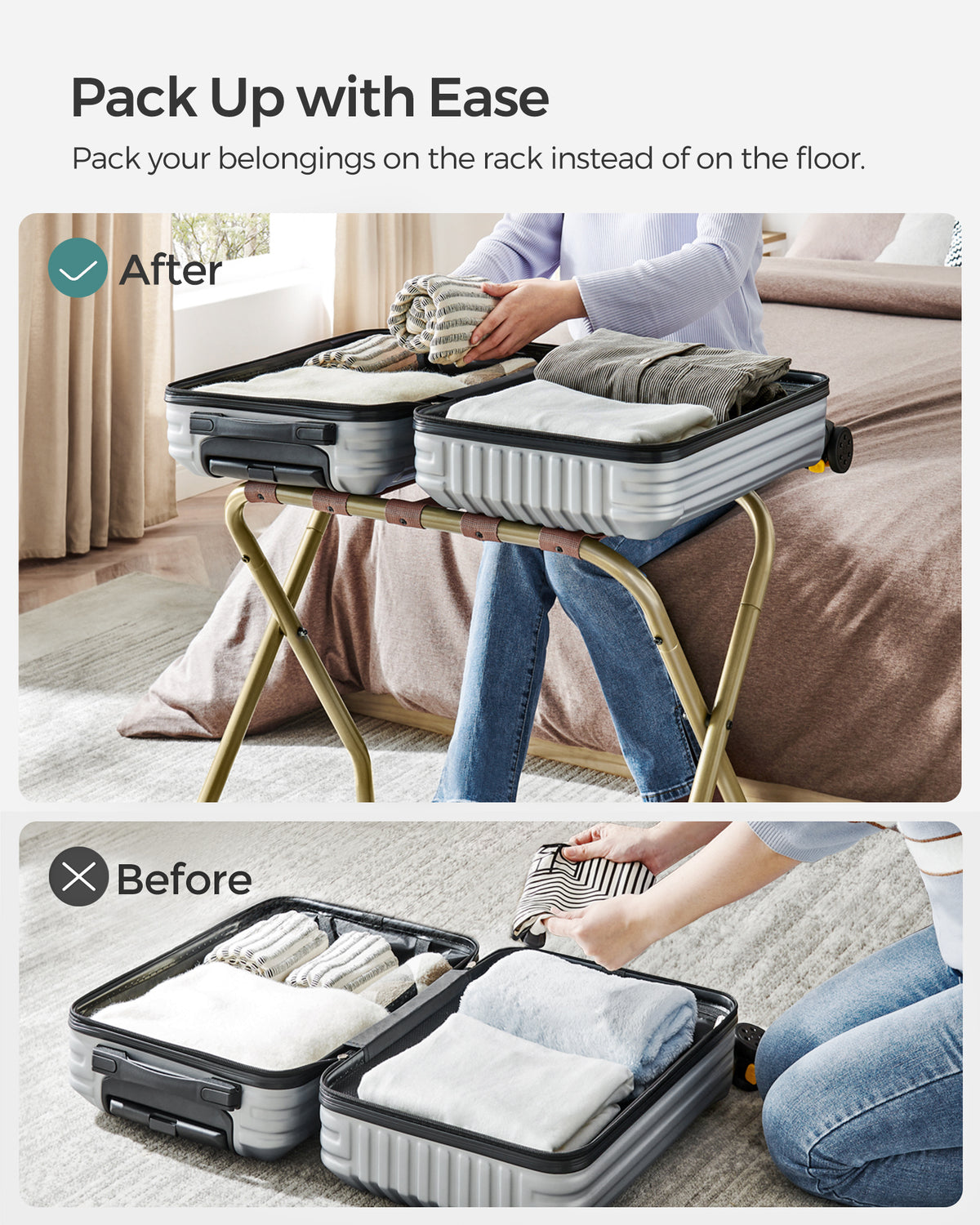 SONGMICS Luggage Rack, Luggage Rack for Guest Room, Suitcase Stand, Steel Frame, Foldable, for Bedroom, Golden