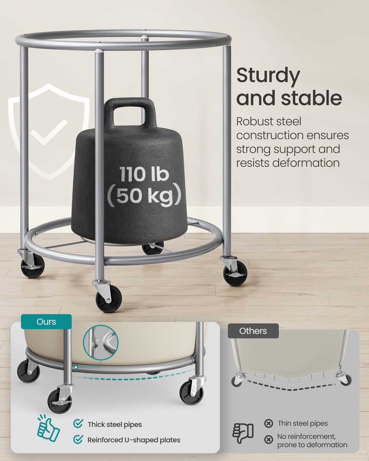 SONGMICS 50.2-Gallon (190 L) Laundry Basket with Wheels, Rolling Round Heavy-Duty Laundry Hamper Cart with Steel Frame and Removable Bag, 2 Locking Wheels, Dove Gray and Cream White