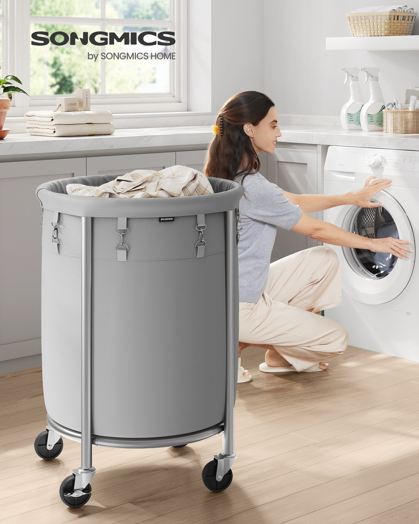 Laundry Basket with Wheels Rolling Laundry Hamper, 29 Gal. Round Laundry Cart with Removable Bag Gray and Silver