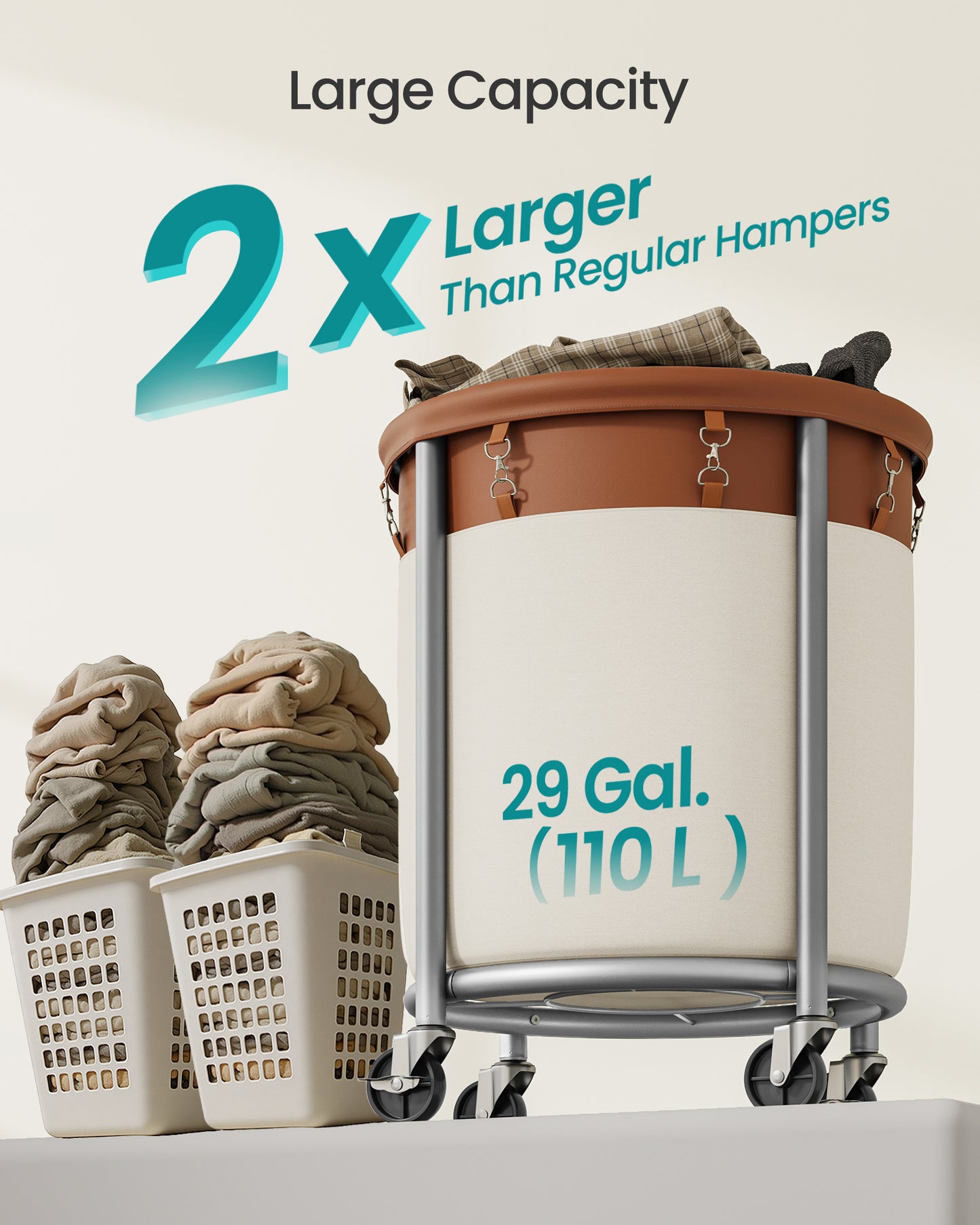 SONGMICS Laundry Basket with Wheels, Rolling Laundry Hamper, 29 Gal., Round Laundry Cart with Steel Frame and Removable Bag, 4 Casters and 2 Brakes, Coffee Brown and Cream White