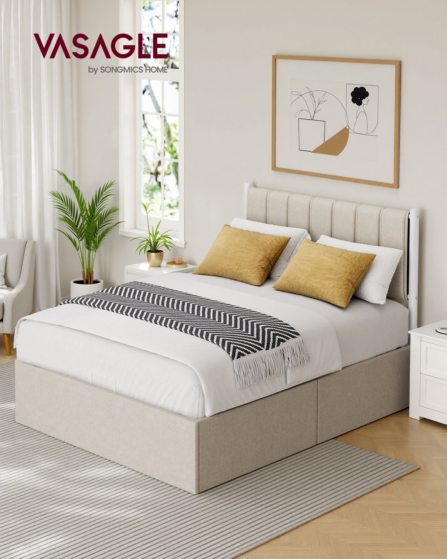 Full Size Lift Up Storage Bed Frame, Hydraulic Platform Bed with Upholstered Headboard, 1100 lb Capacity & Underbed Storage, Cappuccino Beige