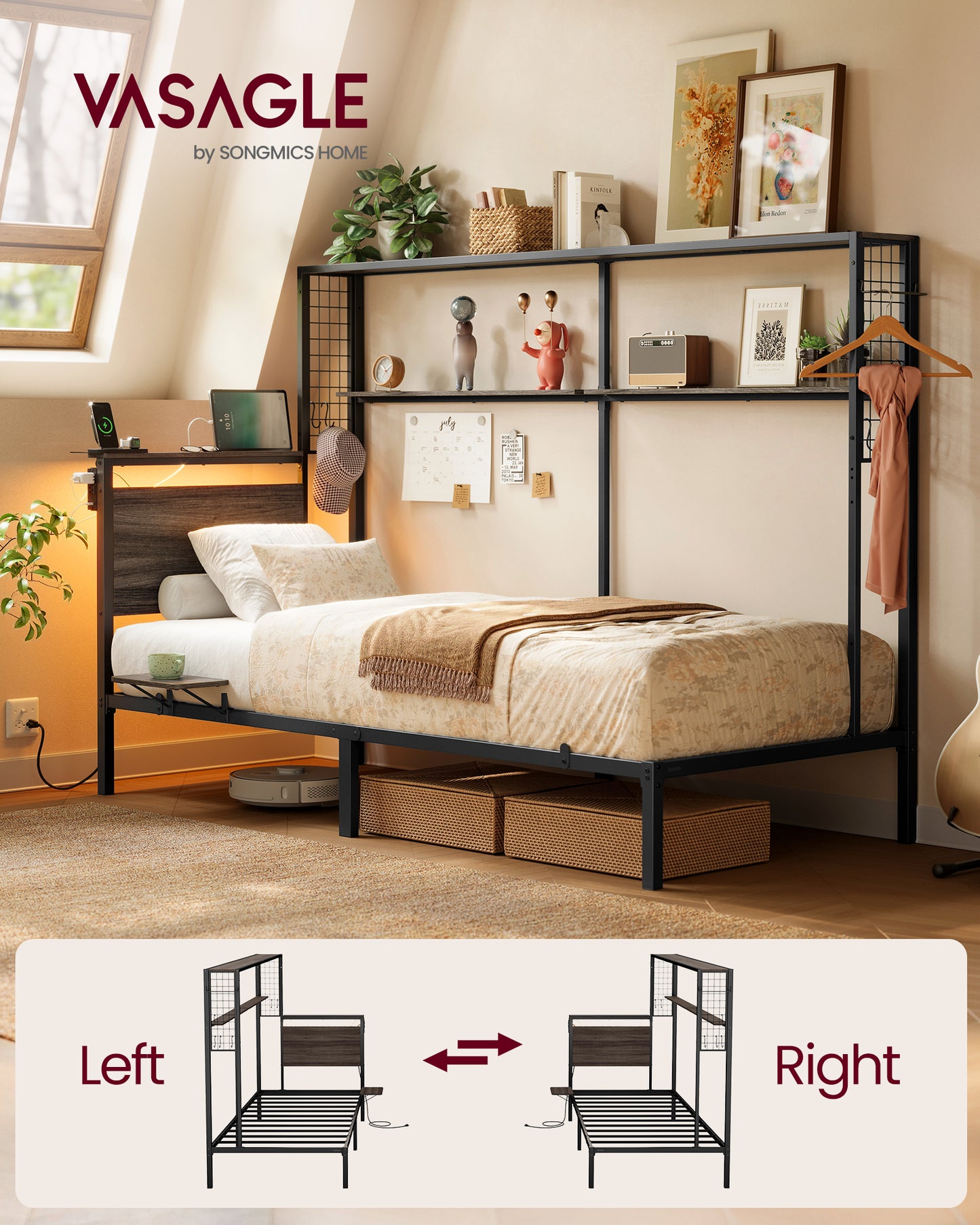 Twin Metal Bed Frame with Headboard, Built-in Bookshelf, LED Lights & Charging Station, Multifunctional Storage Design, No Box Spring Needed, Ash Brown
