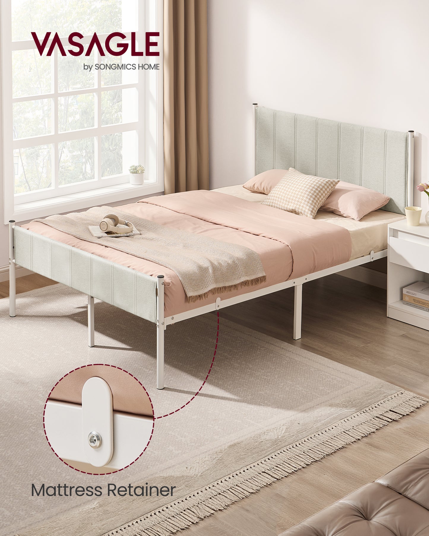 Queen Upholstered Bed Frame with Headboard and Footboard, 1100 lb Capacity Metal Platform Bed, No Box Spring Needed, Cappuccino Beige