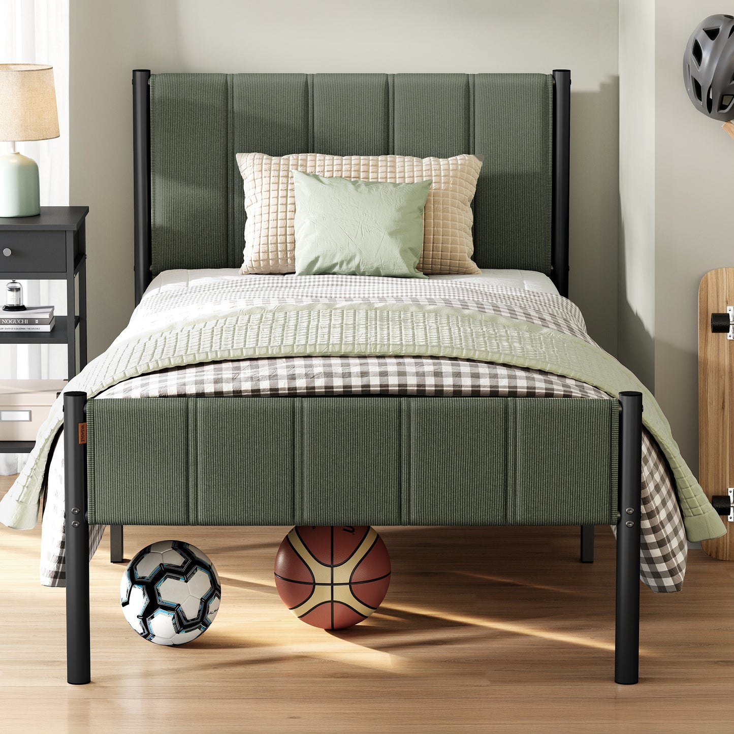 Twin Size Bed Frame with Upholstered Headboard, Metal Platform Bed with Footboard, 550 lb Capacity & Steel Slats, No Box Spring Needed, Forest Green