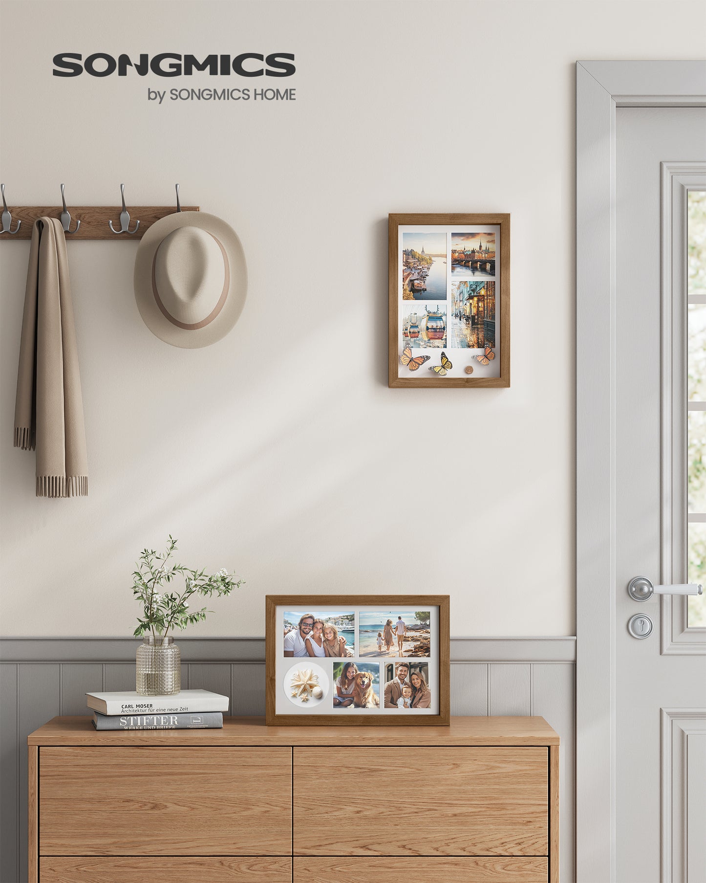 Set of 2 Shadow Box Frames, Teak Brown, 1.3-Inch Deep, Includes 8 Push Pins, 6 Mats, 3 Nails, Desk & Wall Decor