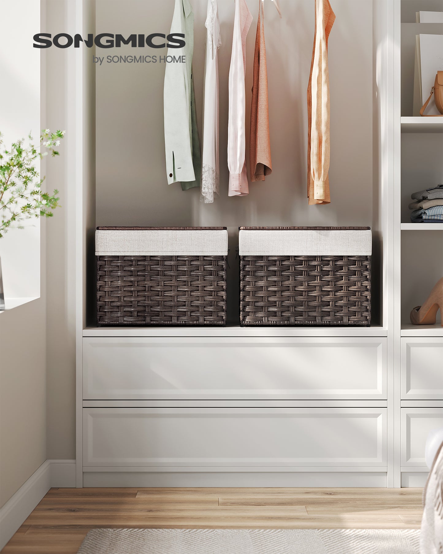 35L Storage Basket with Lid Storage Bin Woven Blanket Storage Basket with Handles Foldable Removable Liner for Bedroom Brown