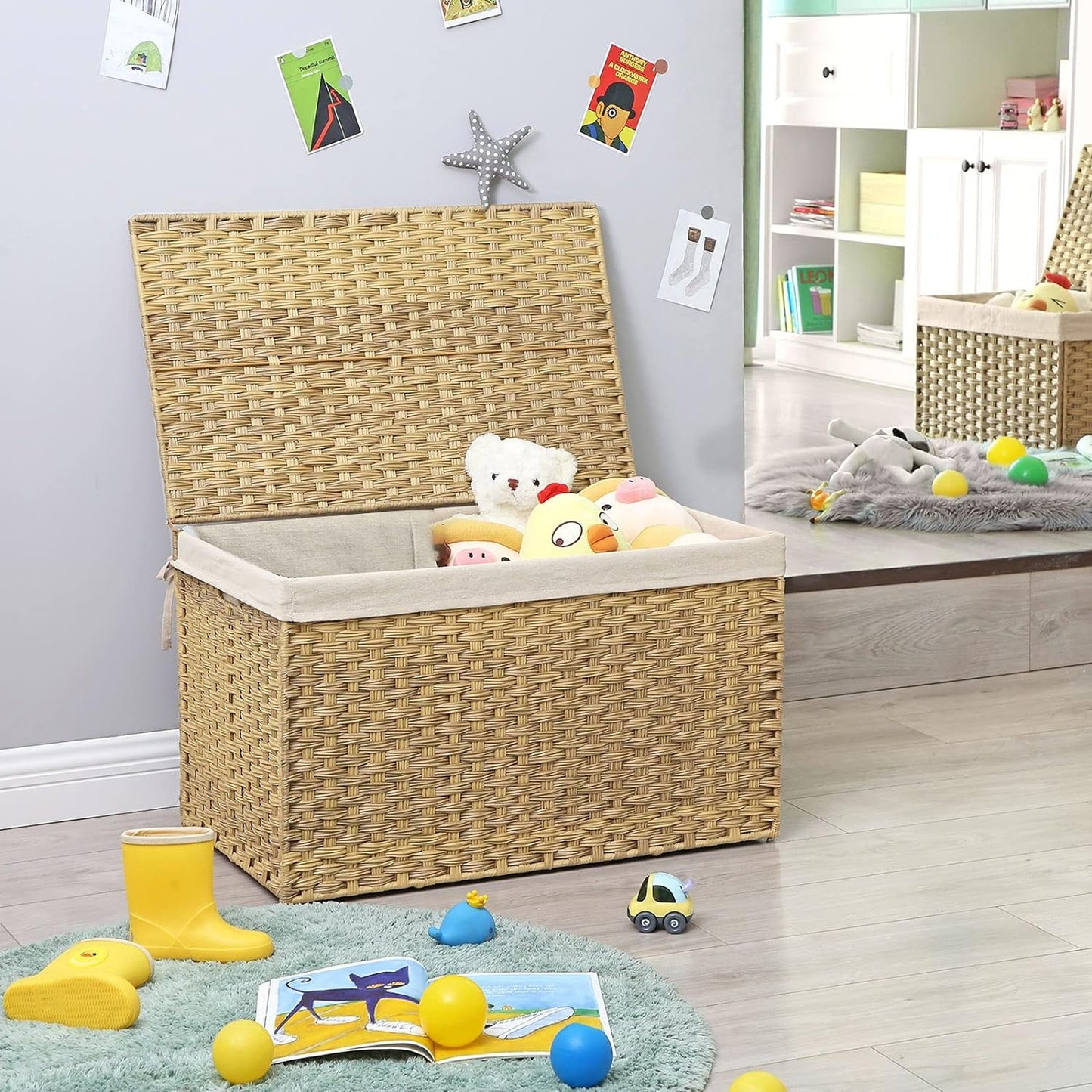 Storage Basket with Lid, 42.3 Gallon Storage Bin, Woven Blanket Storage Basket for Bedroom, Laundry Room, Natural