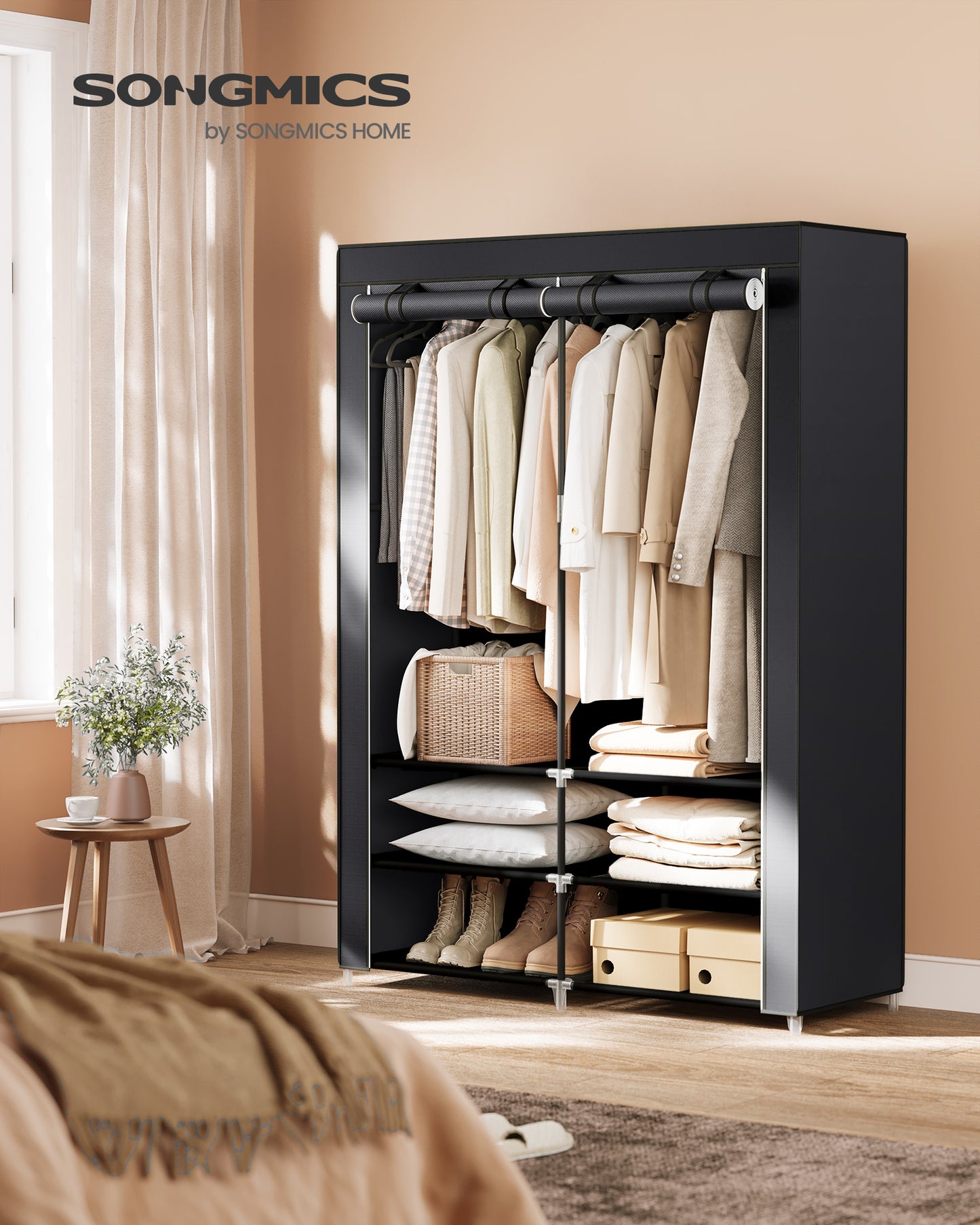 SONGMICS Portable Closet Wardrobe with Shoe Rack and Cover, Closet Storage Organizer, 2 Hanging Rods and 4 Side Pockets Spacious for Bedroom, Black