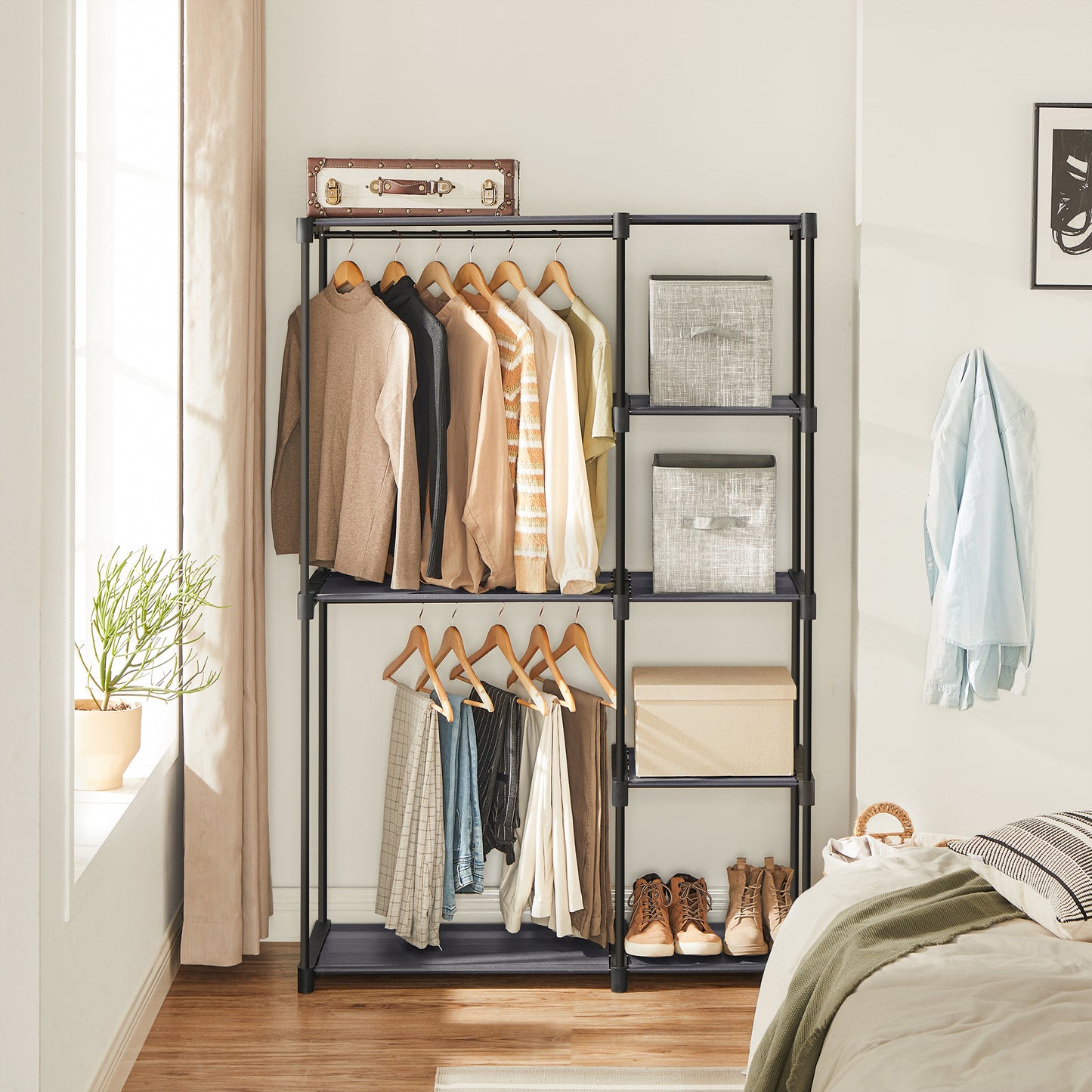 Portable Closet Freestanding Closet Organizer Clothes Rack with Shelves Hanging Rods Storage Organizer for Cloakroom, Bedroom Gray