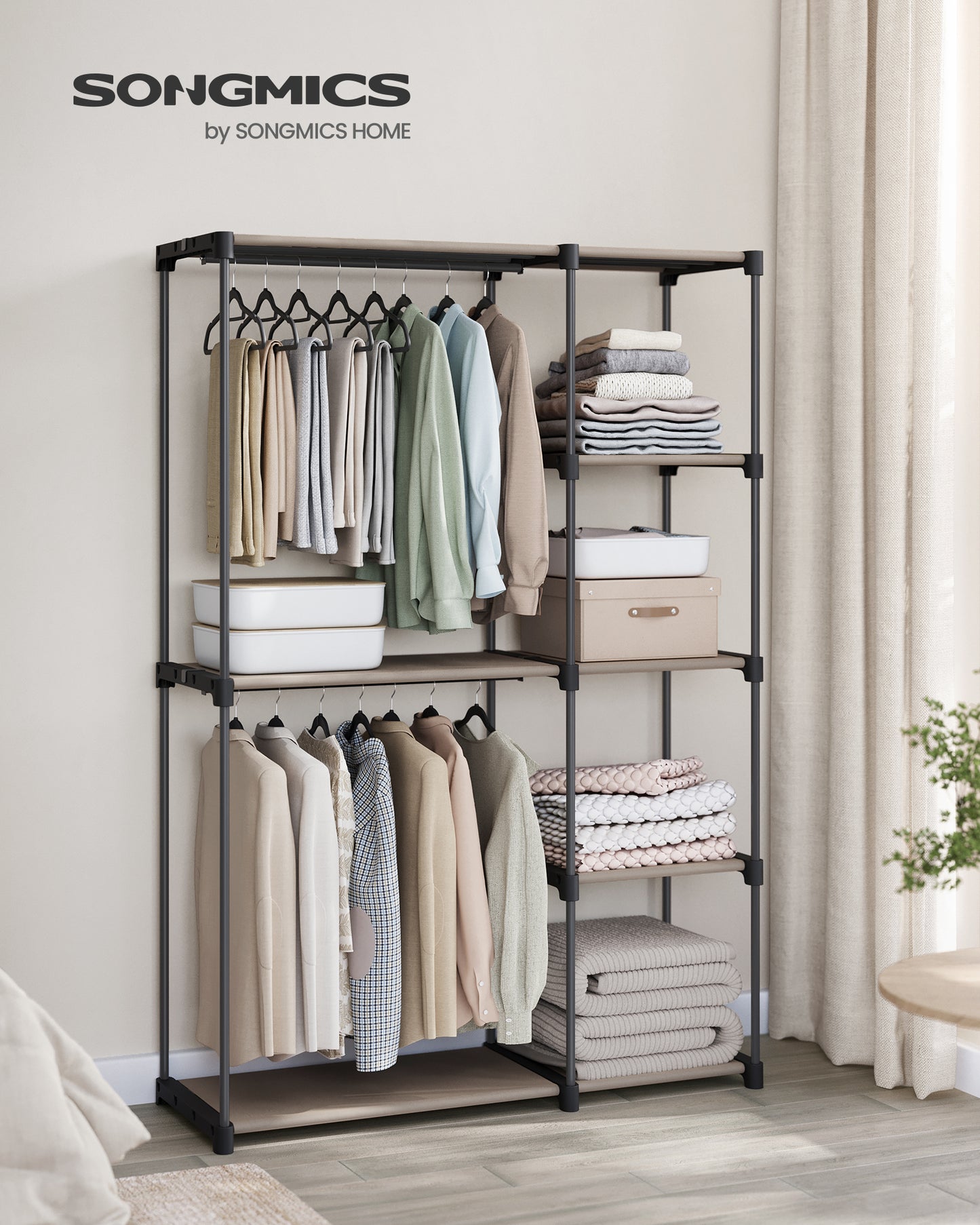 Portable Closet, Freestanding Closet Organizer, Clothes Rack with Shelves, Hanging Rods, Storage Organizer, for Cloakroom, Bedroom, 48.8 x 16.9 x 71.7 Inches, Taupe
