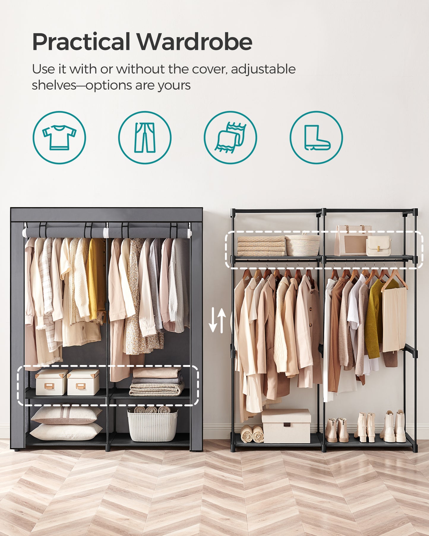 55.1 x 16.9 x 68.5 Inches Portable Clothes Storage Organizer, Non-Woven Fabric Covered Wardrobe Closet with Clothes Rail Gray