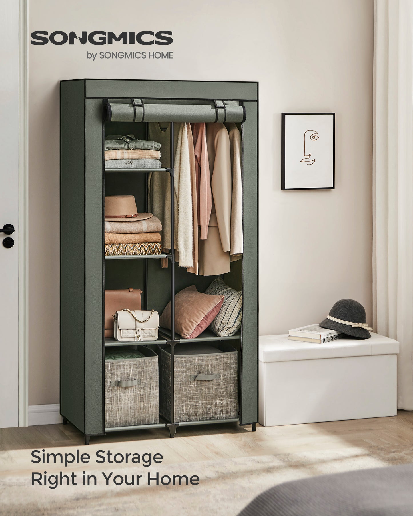 Portable Closet, 34.6 Inch Large Capacity Wardrobe Closet Organizer with Fabric Cover, Hanging Rods and Shelves for Bedroom, Living Room, Sage Green