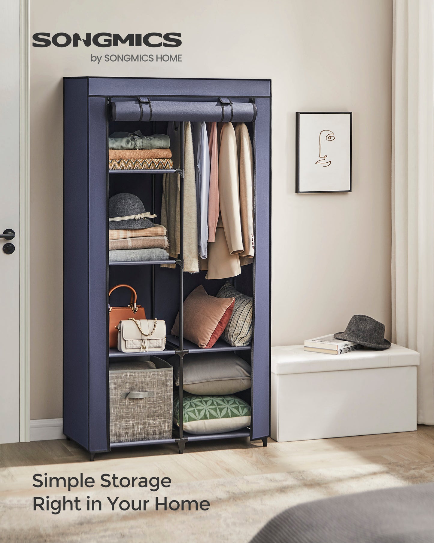 Portable Closet, 34.6 Inch Large Capacity Wardrobe Closet Organizer with Fabric Cover, Hanging Rods and Shelves for Bedroom, Living Room, Dark Blue