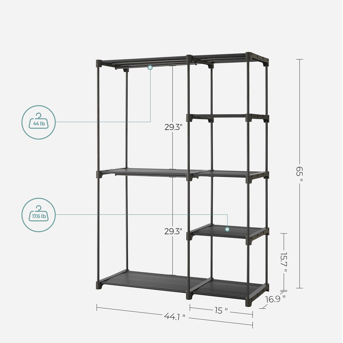 Portable Closet Organizer Freestanding, 44.1 x 16.9 x 65 In Clothes Rack System with Shelves and Hanging Rods for Bedroom and Cloakroom