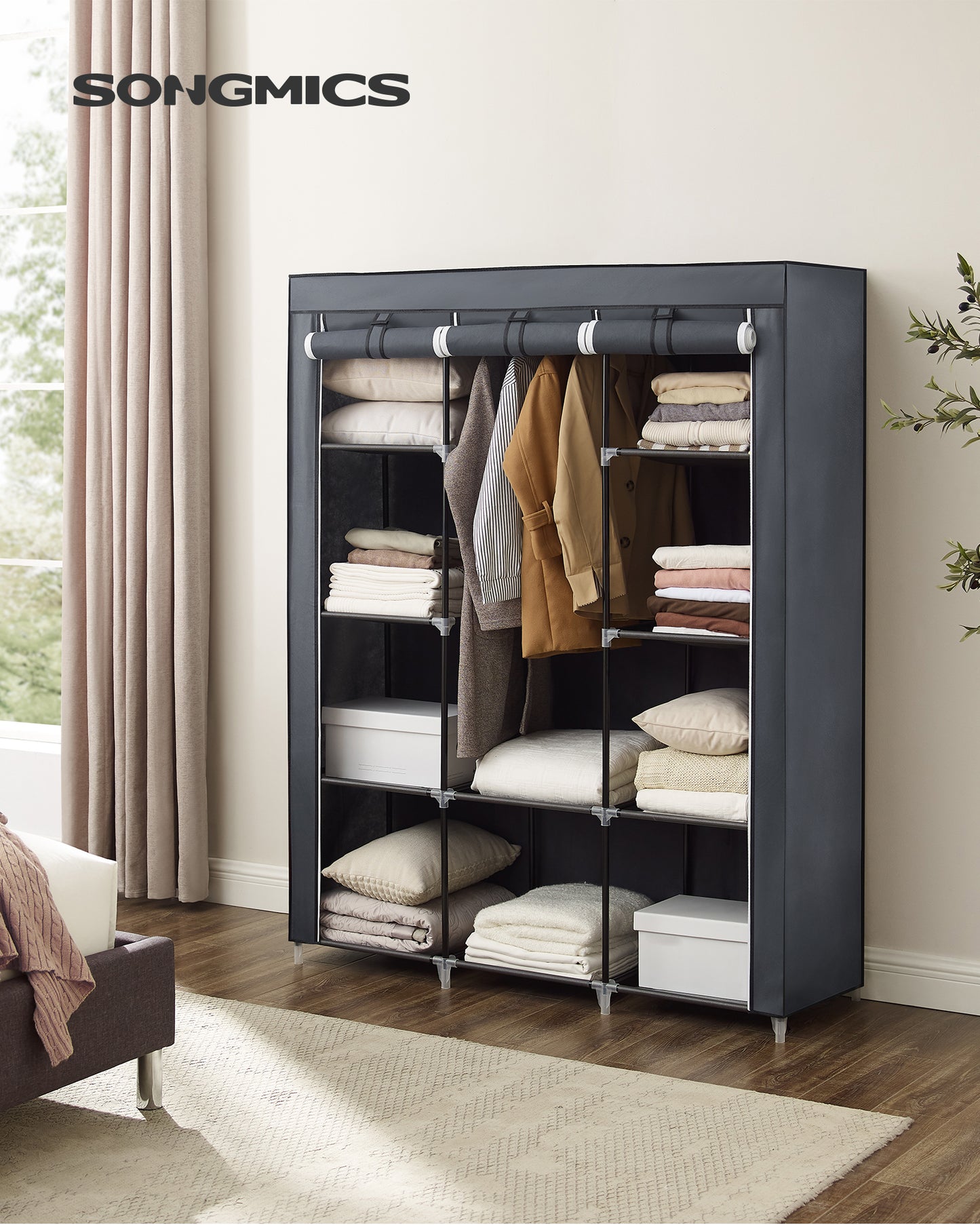SONGMICS 51' Portable Clothes Closet Wardrobe Storage Organizer with 10 Shelves Quick and Easy to Assemble, Extra Space Grey URYG93G