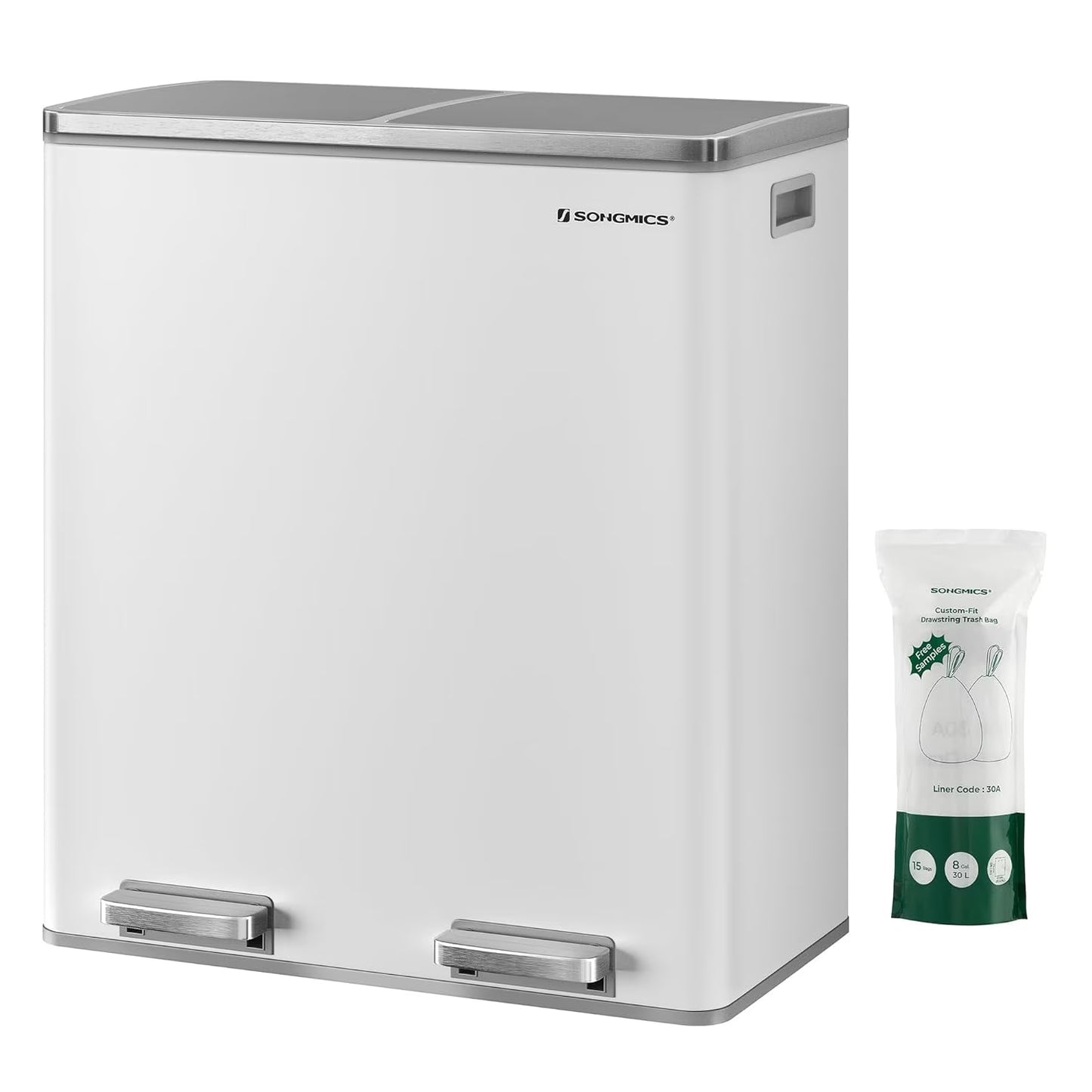 SONGMICS 16 Gallon Trash Can, Garbage Can for Kitchen, with 15 Trash Bags, White and Grey