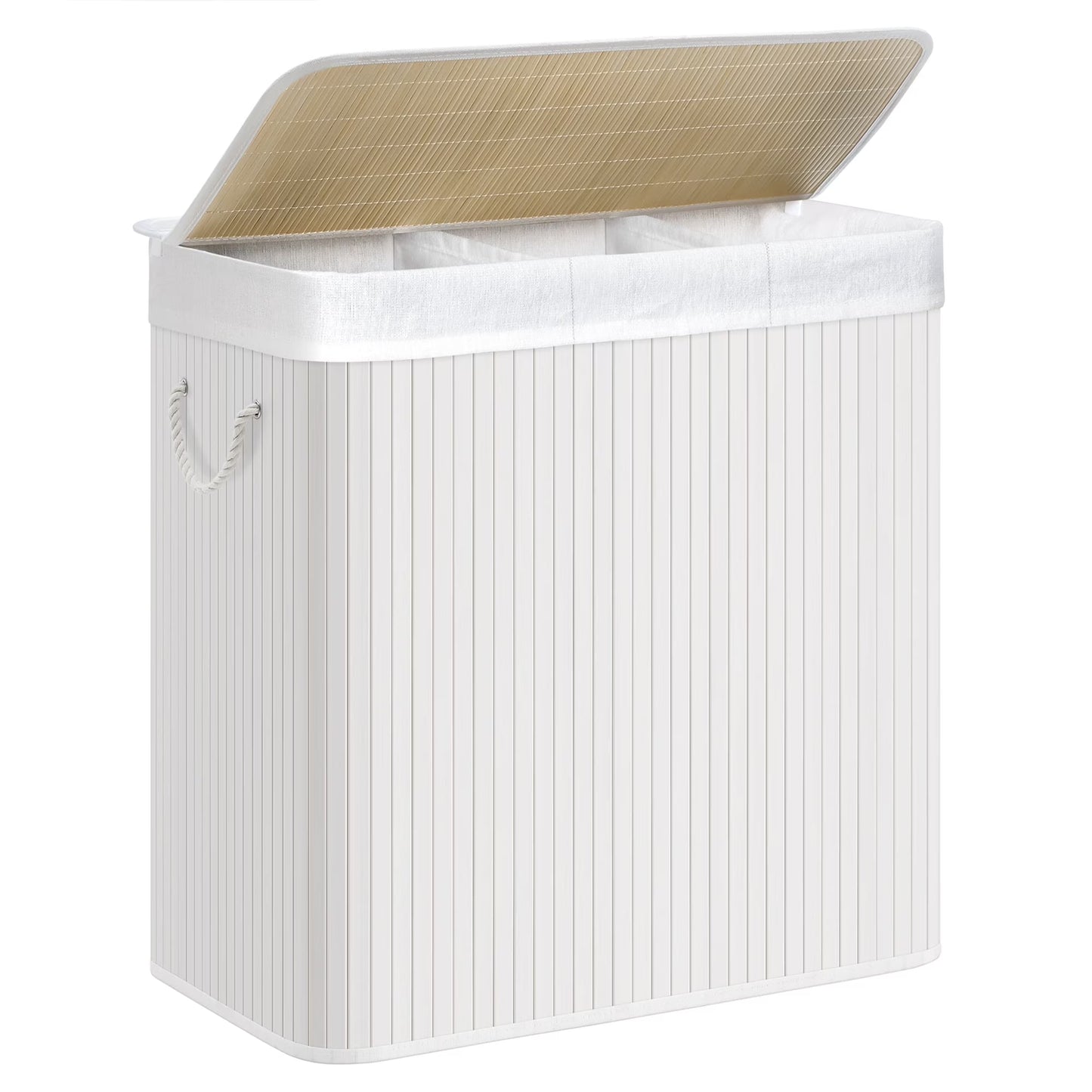 SONGMICS 39.6 Gallons Laundry Hamper, 3-Section Laundry Basket, Laundry Hamper with Lid, Bamboo, Foldable, Removable and Machine Washable Liner White