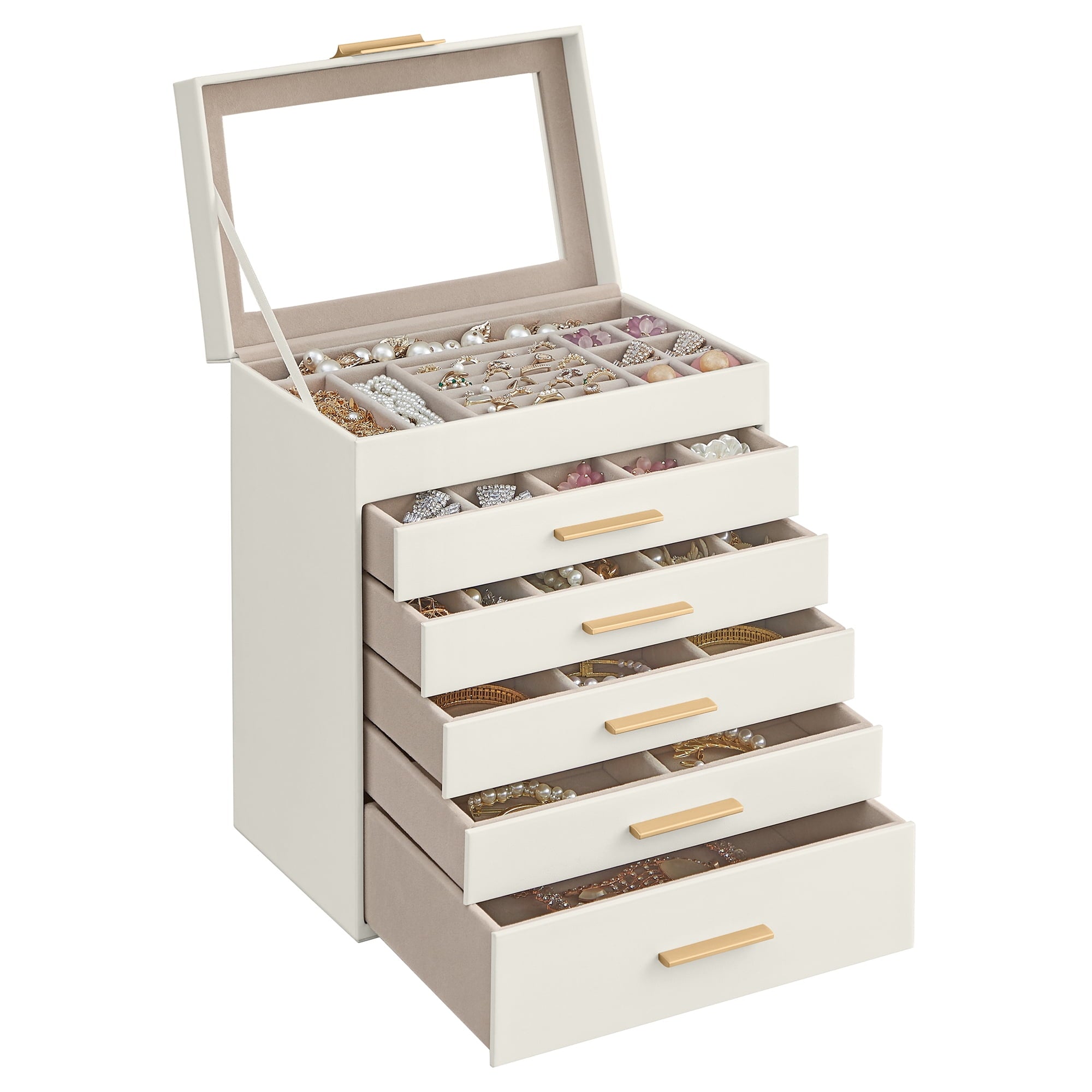 SONGMICS 6-Tier Jewelry Box with Glass Lid 5 Drawers Jewelry Organizer ...