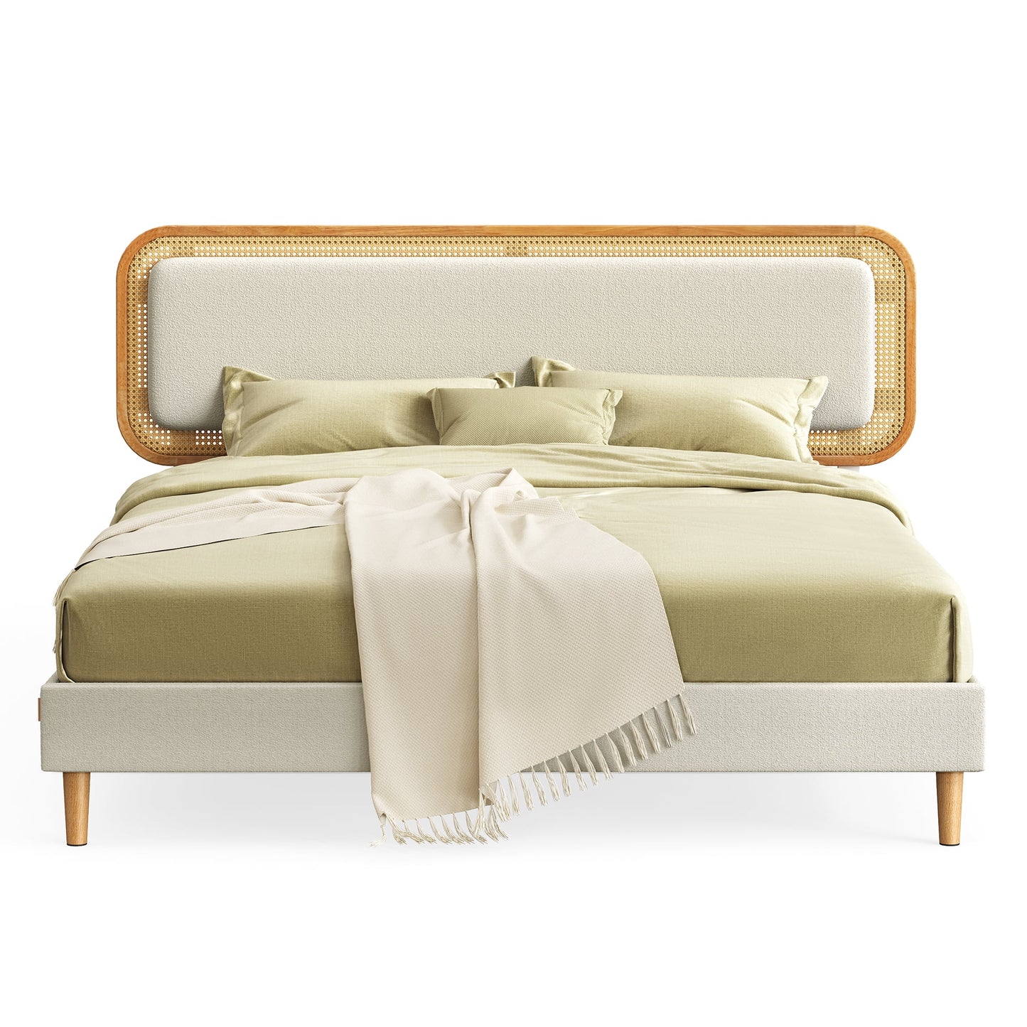 Queen Bed Frame, with Rattan-Like Adjustable Upholstered Headboard, Boho Style