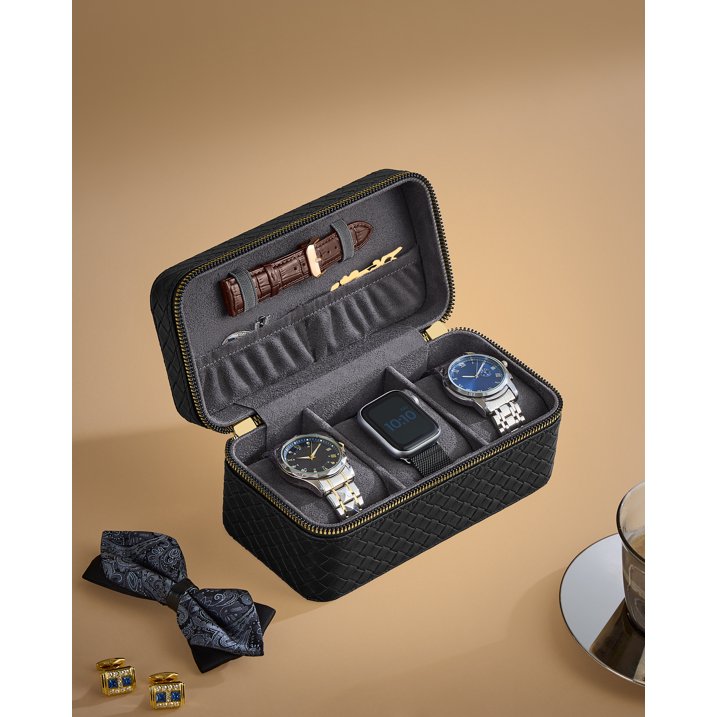 3-Slot Watch Travel Case, Woven Embossed PU Leather, Compact Design - Gift Idea