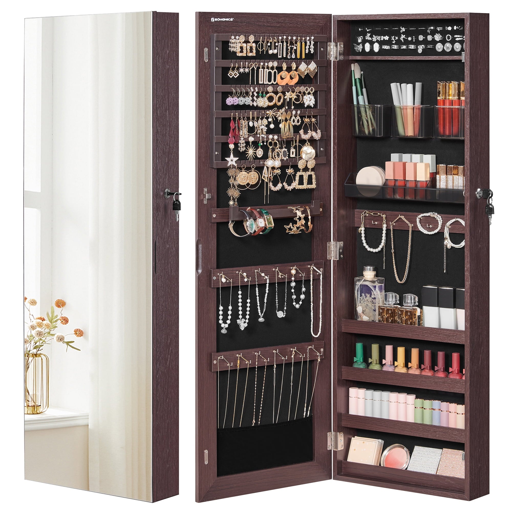 SONGMICS Jewelry Armoire Lockable WallMounted Organizer Brown