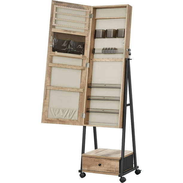 SONGMICS Jewelry Cabinet Floor Standing Lockable Jewelry Organizer with High Full-Length Mirror Bottom Drawer Shelf Wheels Jewelry Armoire Gift Idea Toasted Oak Color and Black