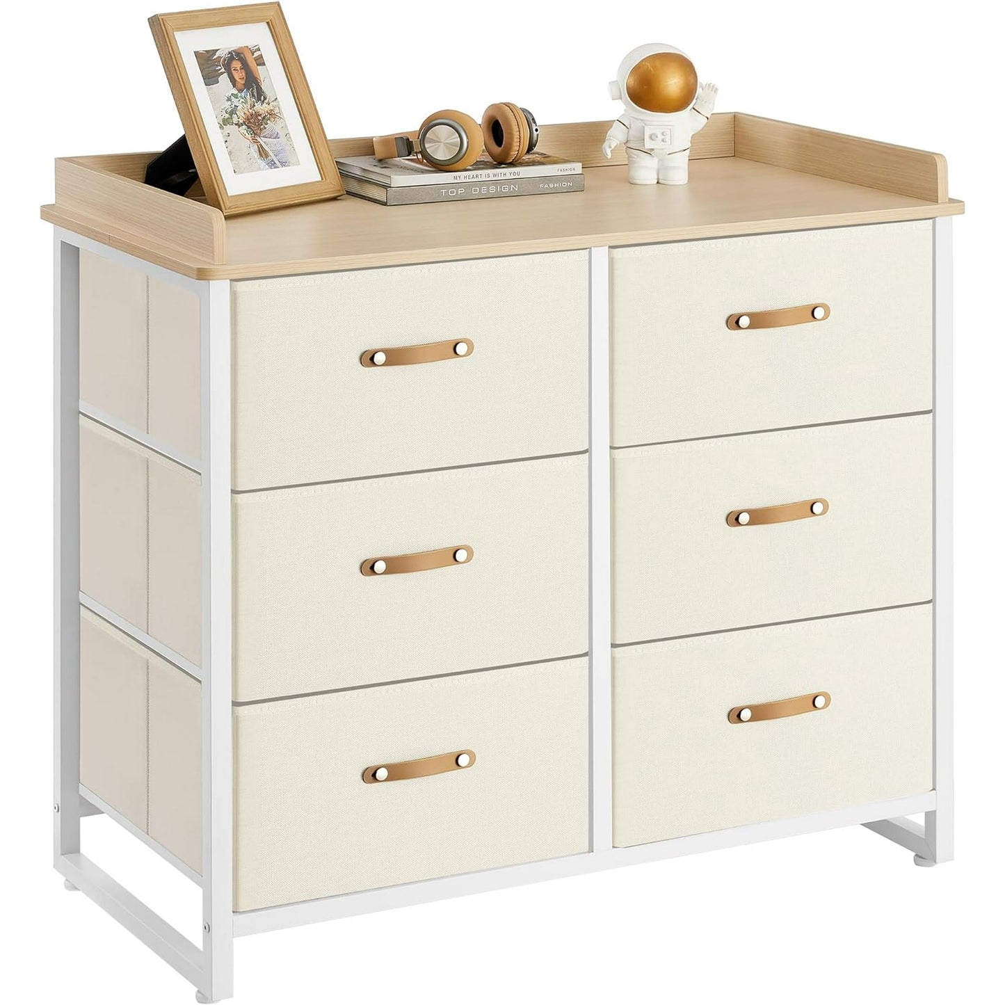 Dresser for Bedroom with 6 Drawers, Chest of Drawers, with Water-Resistant Changing Table, Storage Organizer Cabinet, for Kids Room Nursery Living Room Hallway, Beige