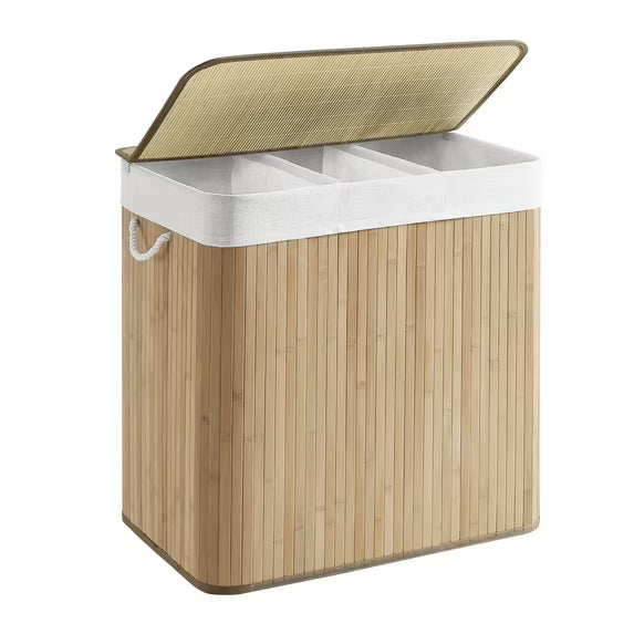 SONGMICS 39.6 Gallons Laundry Hamper, 3-Section Laundry Basket, Laundry Hamper with Lid, Bamboo, Foldable, Removable and Machine Washable Liner Natural