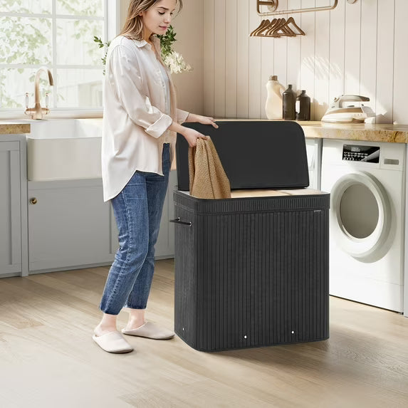 150L Laundry Hamper with Lid Bamboo Laundry Basket Removable Machine Washable with Handles for Laundry Room Bedroom Ink Black