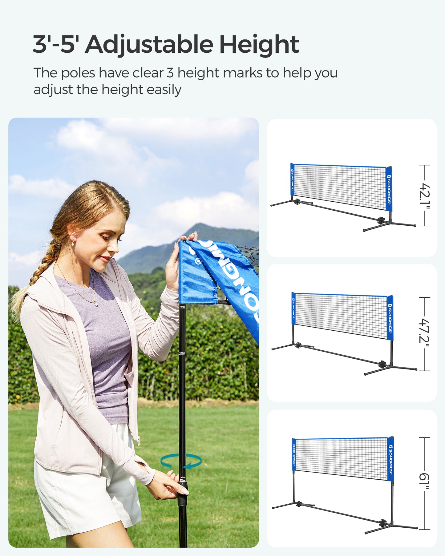 SONGMICS Adjustable 10ft Badminton Volleyball Pickleball Net for Kids Adults, Portable Nylon Training Net with Poles, Indoor Outdoor Sports, Blue