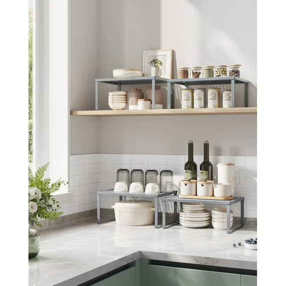 Set of 4 Expandable Stackable Metal Spice Racks, Cabinet & Countertop Shelf Organizers, Silver Kitchen Shelf Risers