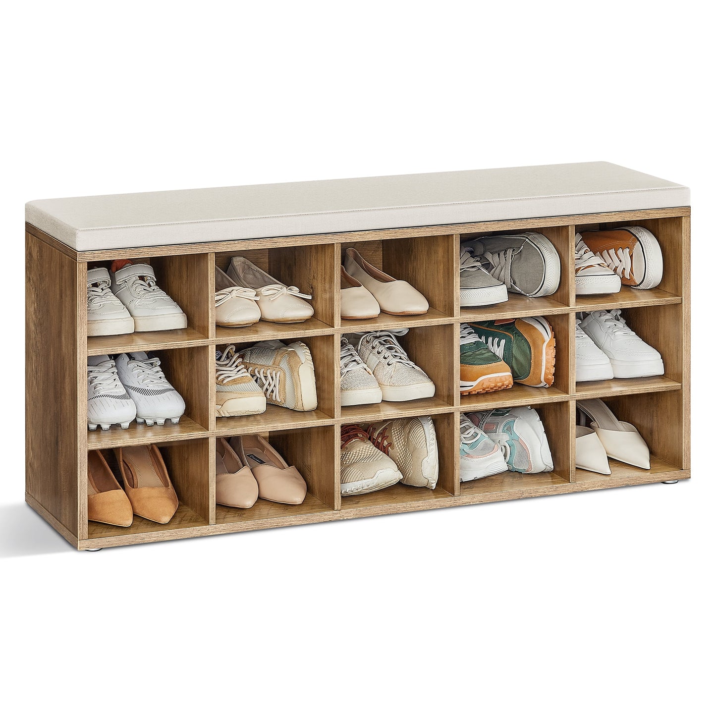 Shoe Bench with Cushion, Storage Bench with Padded Seat, Entryway Bench with 15 Compartments, for Bedroom, 11.8 x 41.3 x 18.9 Inches, Honey Brown and Cappuccino Beige