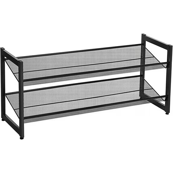 Shoe Rack 2-Tier Stackable Shoe Storage Shelf Flat 8 Pair Shoe Organizer Metal Shoe Tower Stand for Closet Entryway, Black