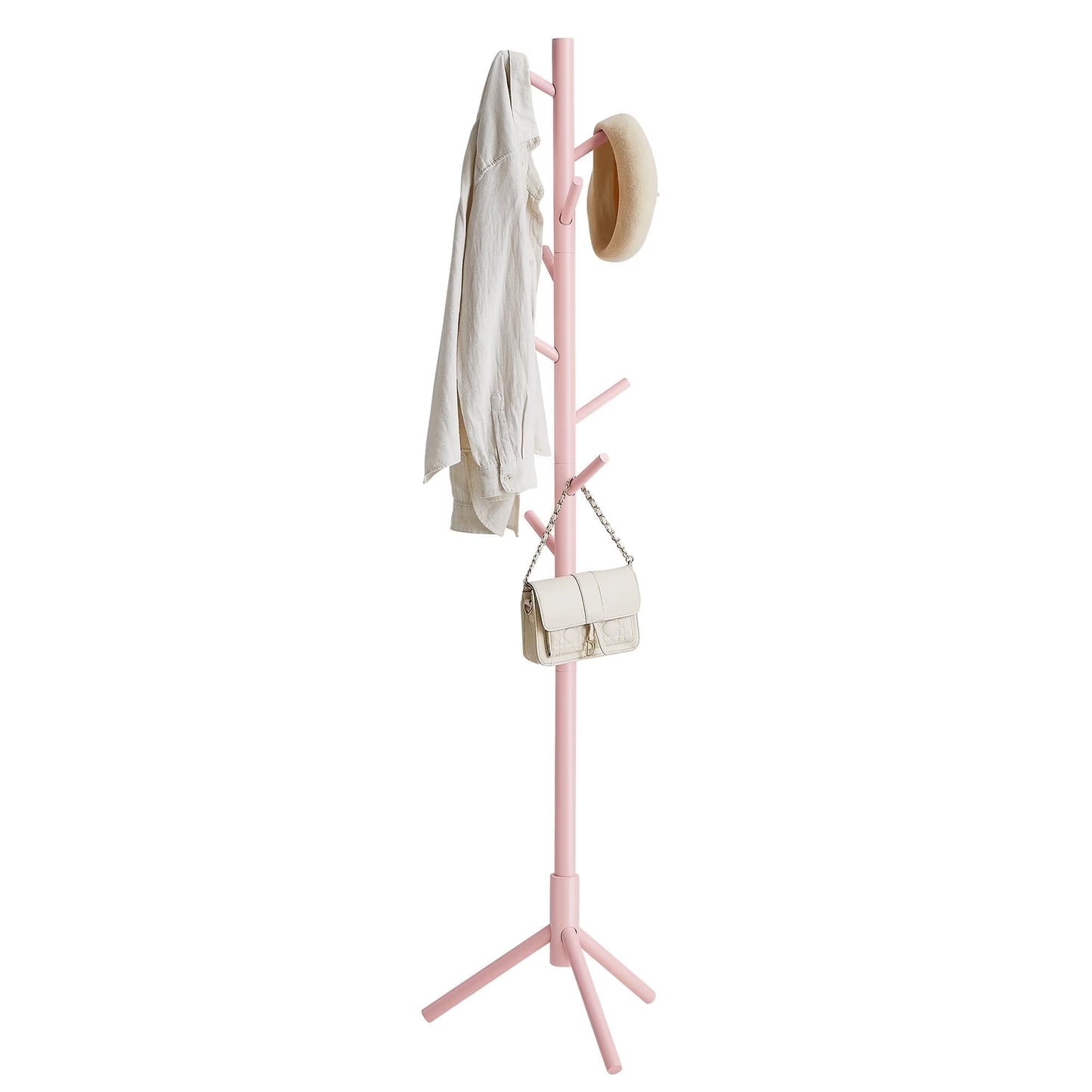 Solid Wood Coat Rack, Free Standing Coat Rack with 8 Hooks 3 Height Options for Clothes, Hats, Bags, for Living Room Bedroom