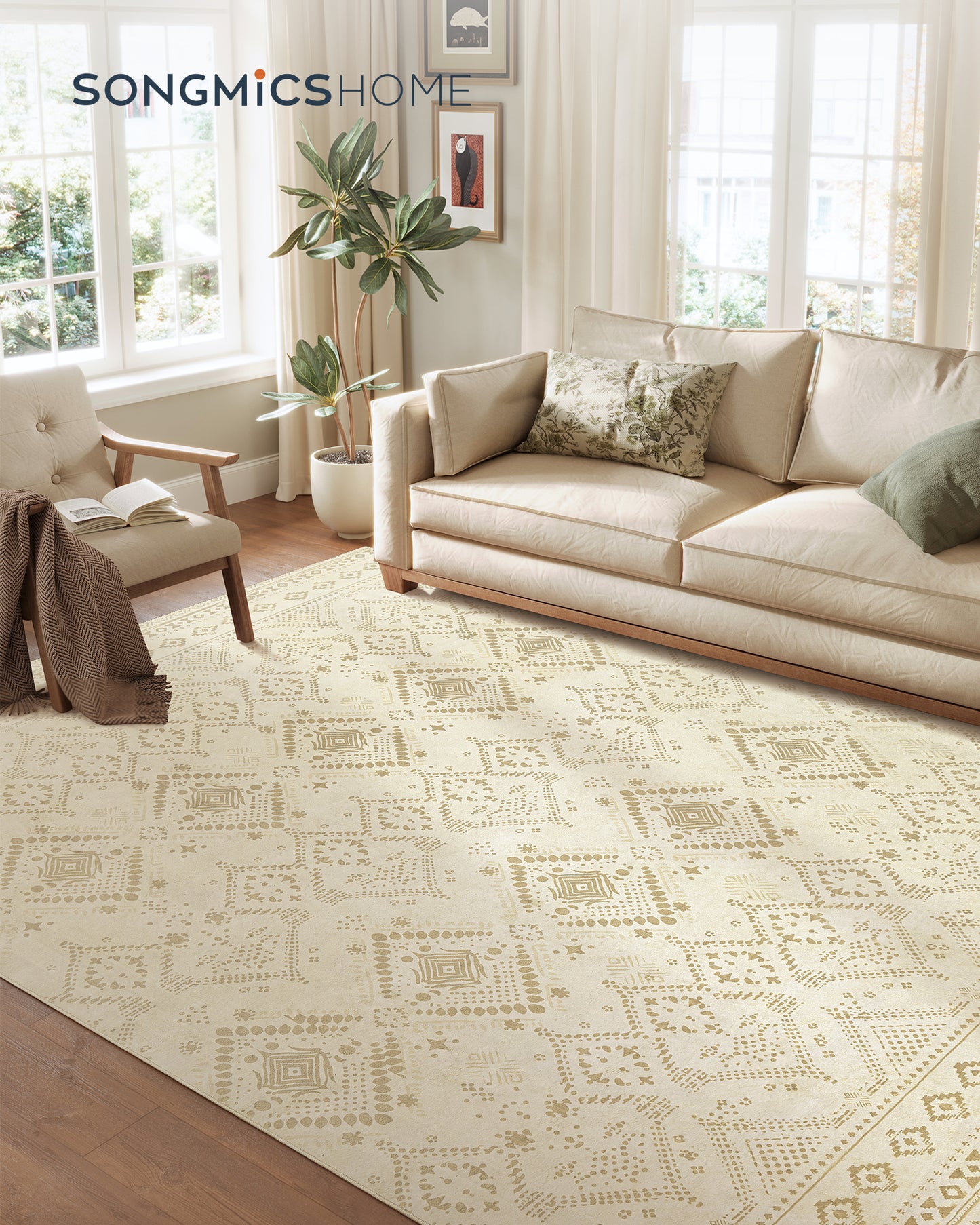 8x10 ft Sand Beige Area Rug. Boho - style, perfect for bedroom & living room. Non - slip and machine washable