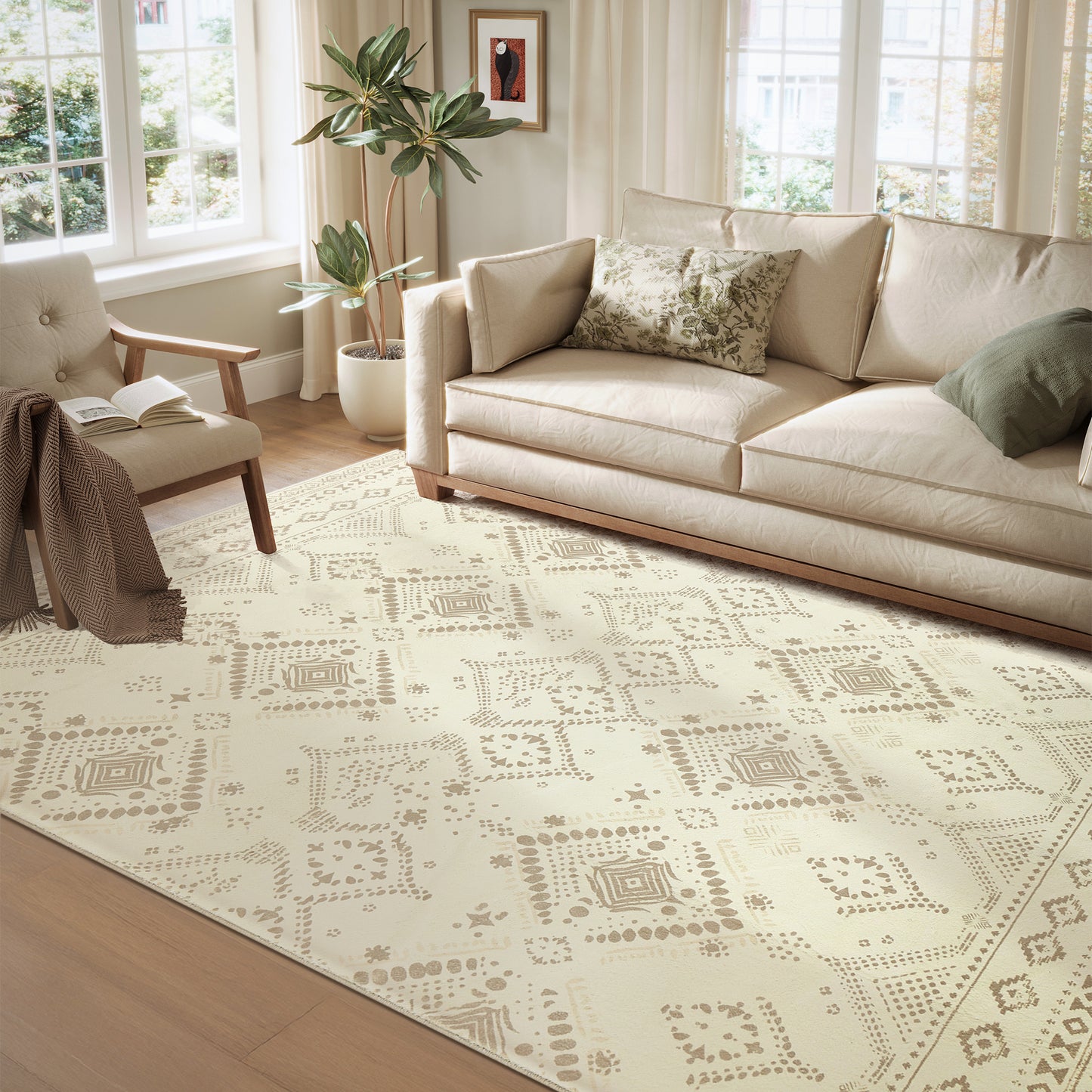 Boho Chic 6x9 ft Area Rug - Soft Non-Slip Carpet for Home Decor, Machine Washable, Bedroom or Living Room, Sand Beige