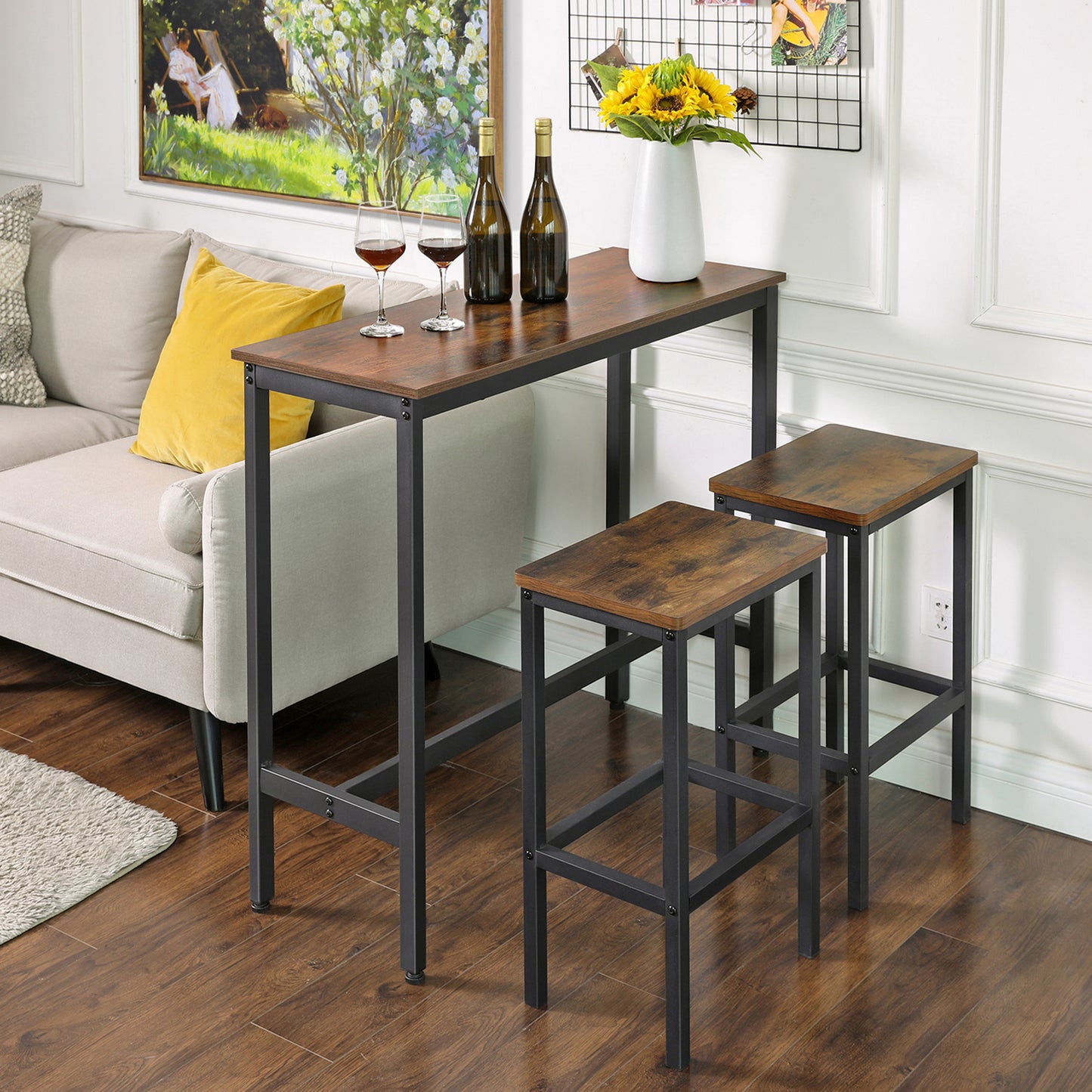 Narrow Kitchen Table, Metal Modern Extra Long Bar Table, 15.7 x 39.4 x 35.4,Brown and Black