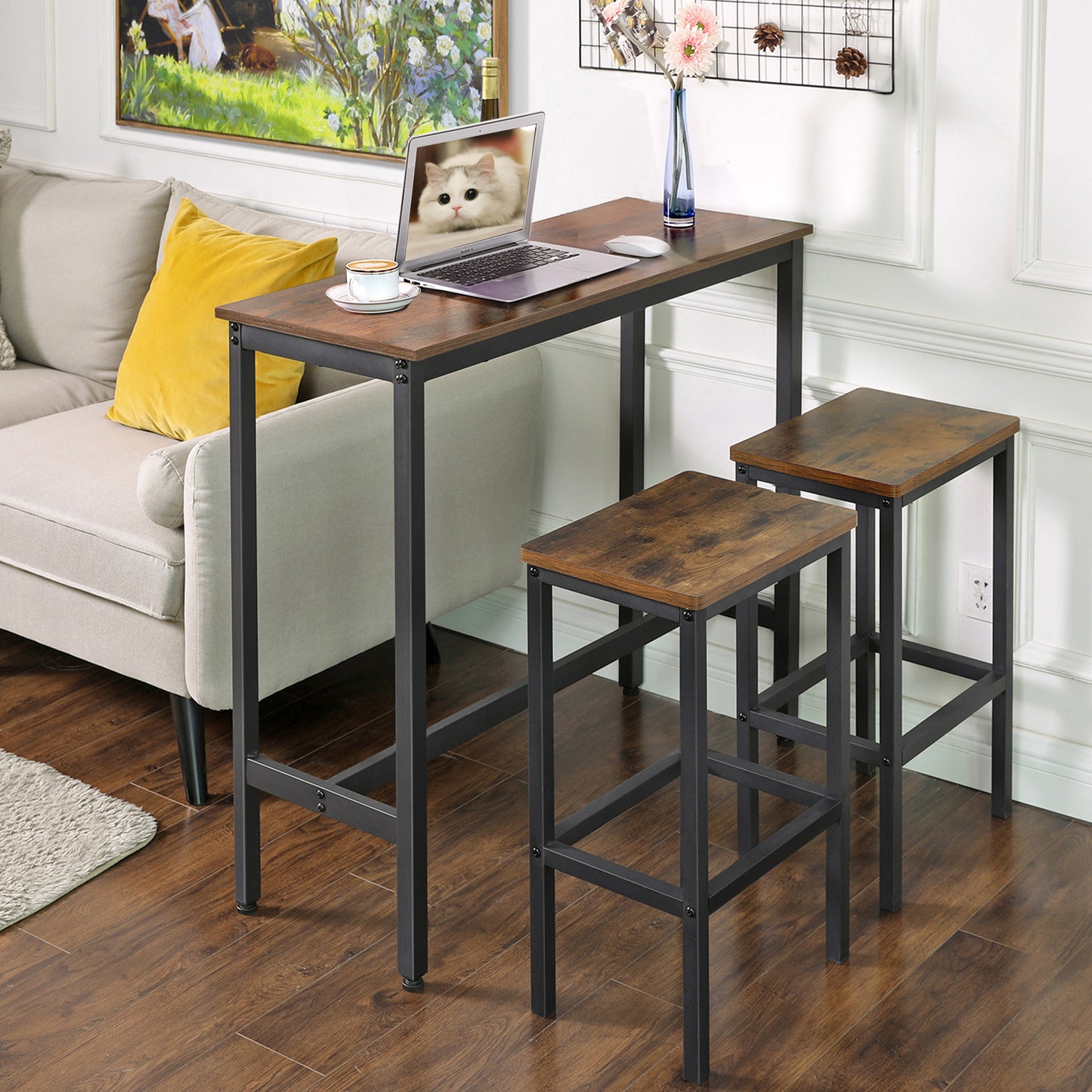 VASAGLE Bar Table, Narrow Long Bar Table, Kitchen Dining Table, High Pub Table, Sturdy Metal Frame, Industrial Design, Rustic Brown and Black