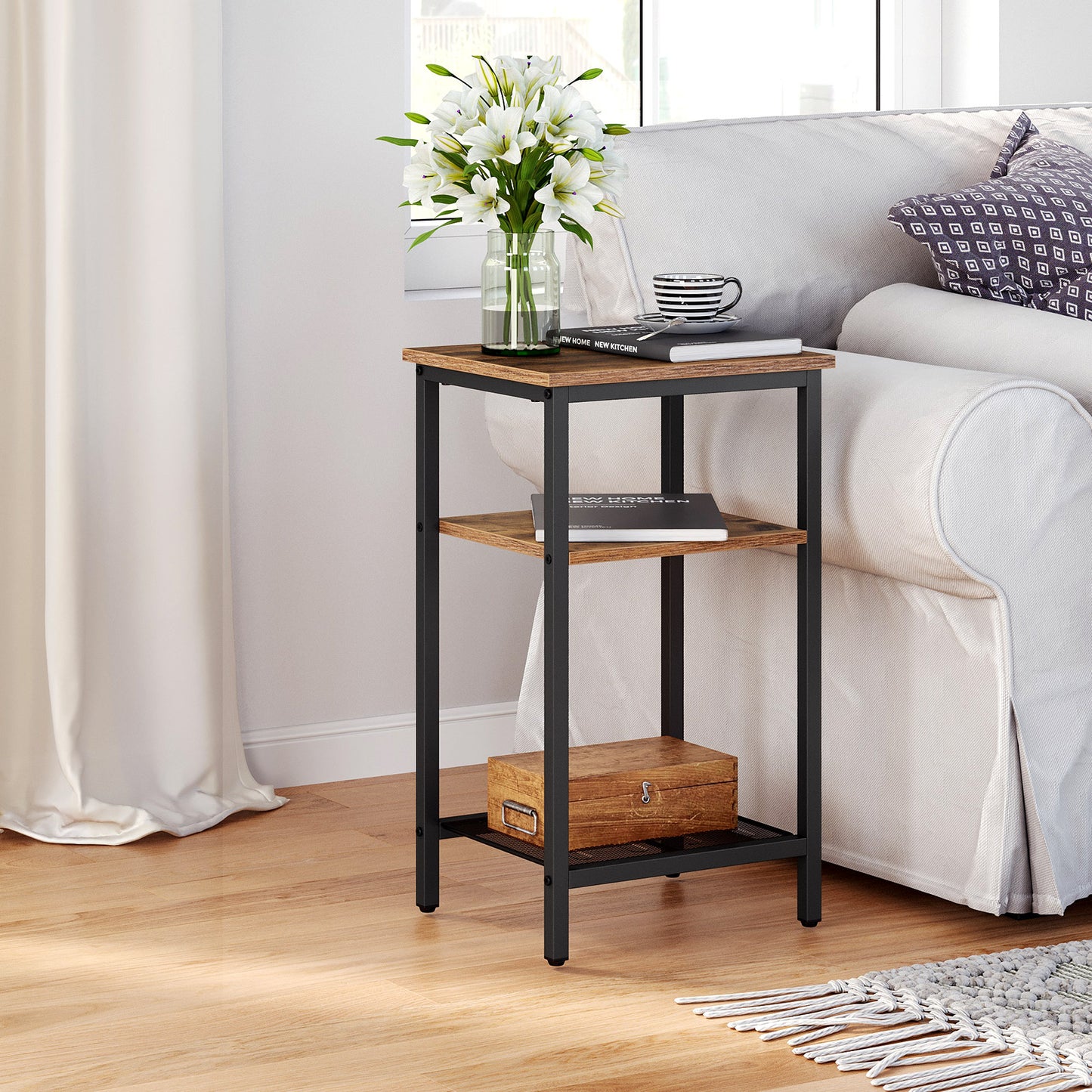 End Table Set of 2, 3-Tier Nightstands, Side Table for Small Space in Living Room, Bedroom, Steel Frame, Easy Assembly, 2-Pack, Chestnut Brown