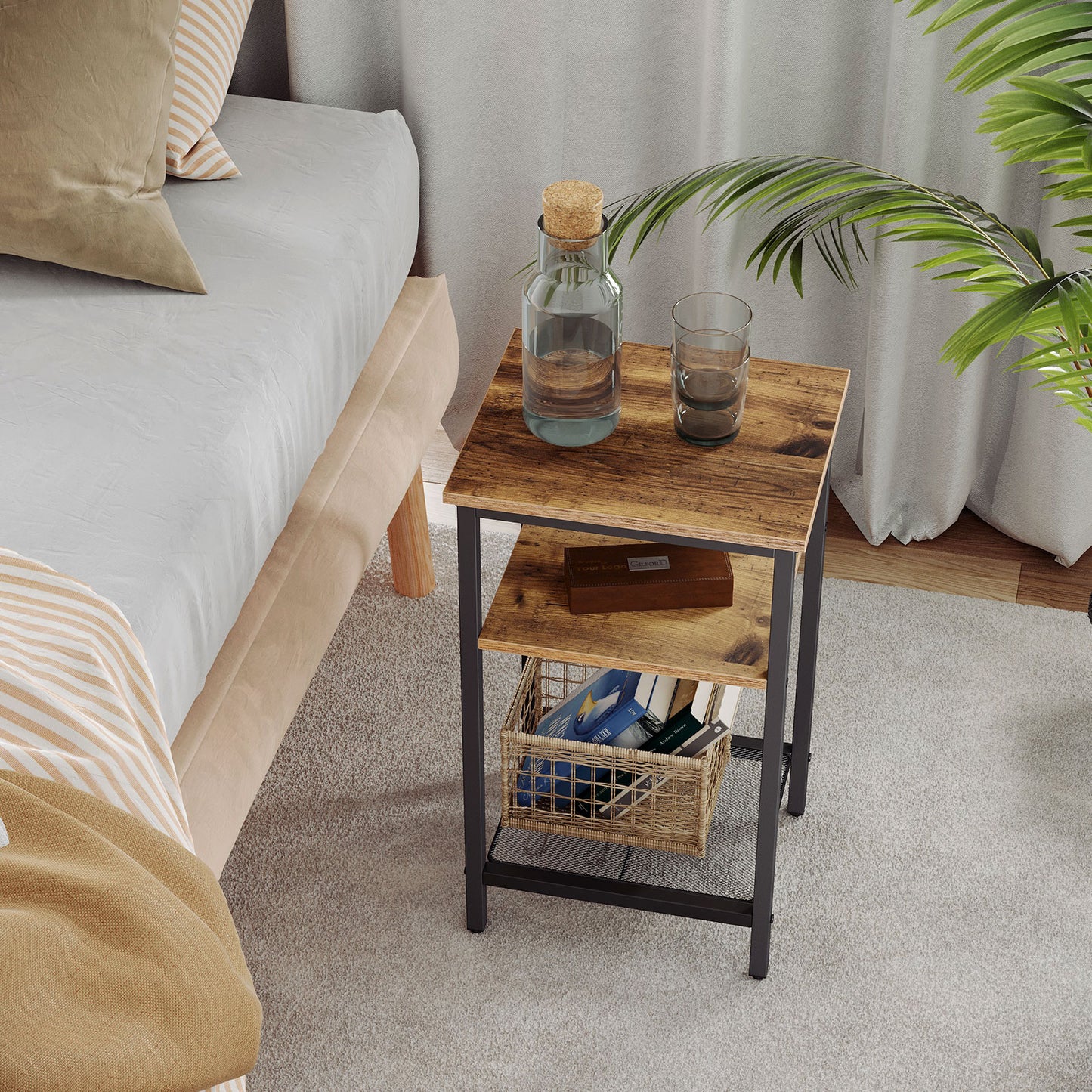 End Table Set of 2, 3-Tier Nightstands, Side Table for Small Space in Living Room, Bedroom, Steel Frame, Easy Assembly, 2-Pack, Chestnut Brown