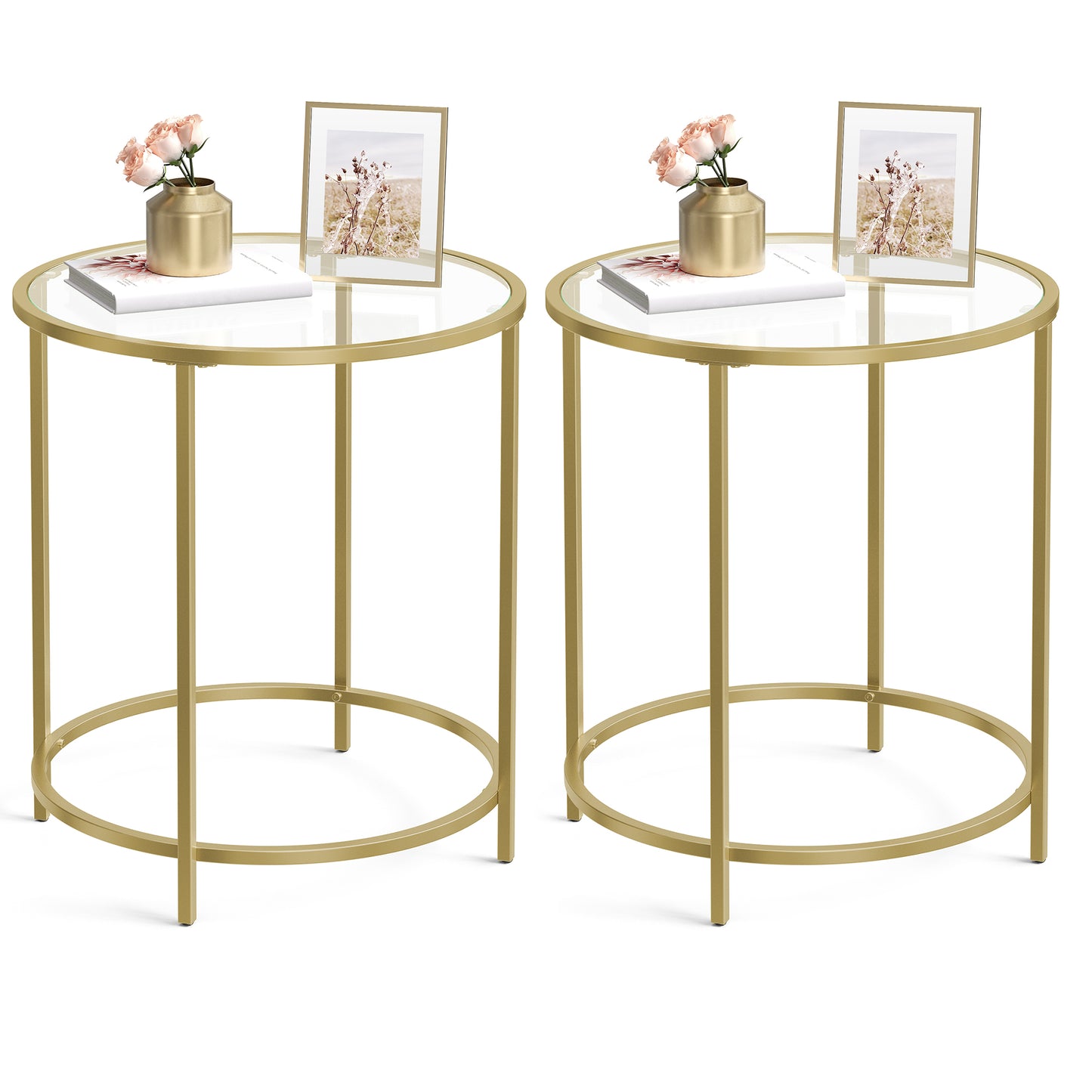 VASAGLE Round Side Tables, Set of 2, Glass End Tables Coffee Tables for Living Room Bedroom Gold