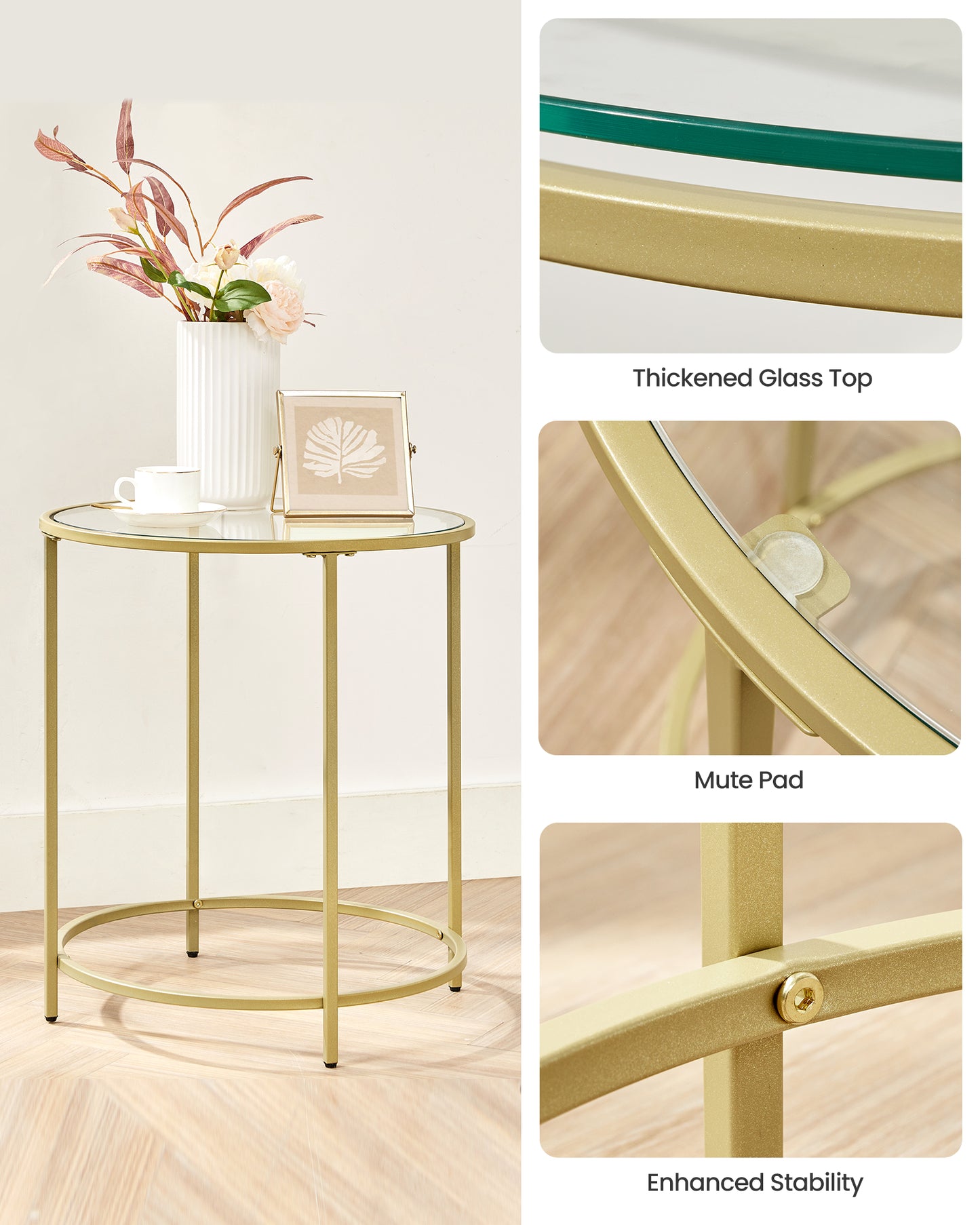 VASAGLE Round Side Tables, Set of 2, Glass End Tables Coffee Tables for Living Room Bedroom Gold
