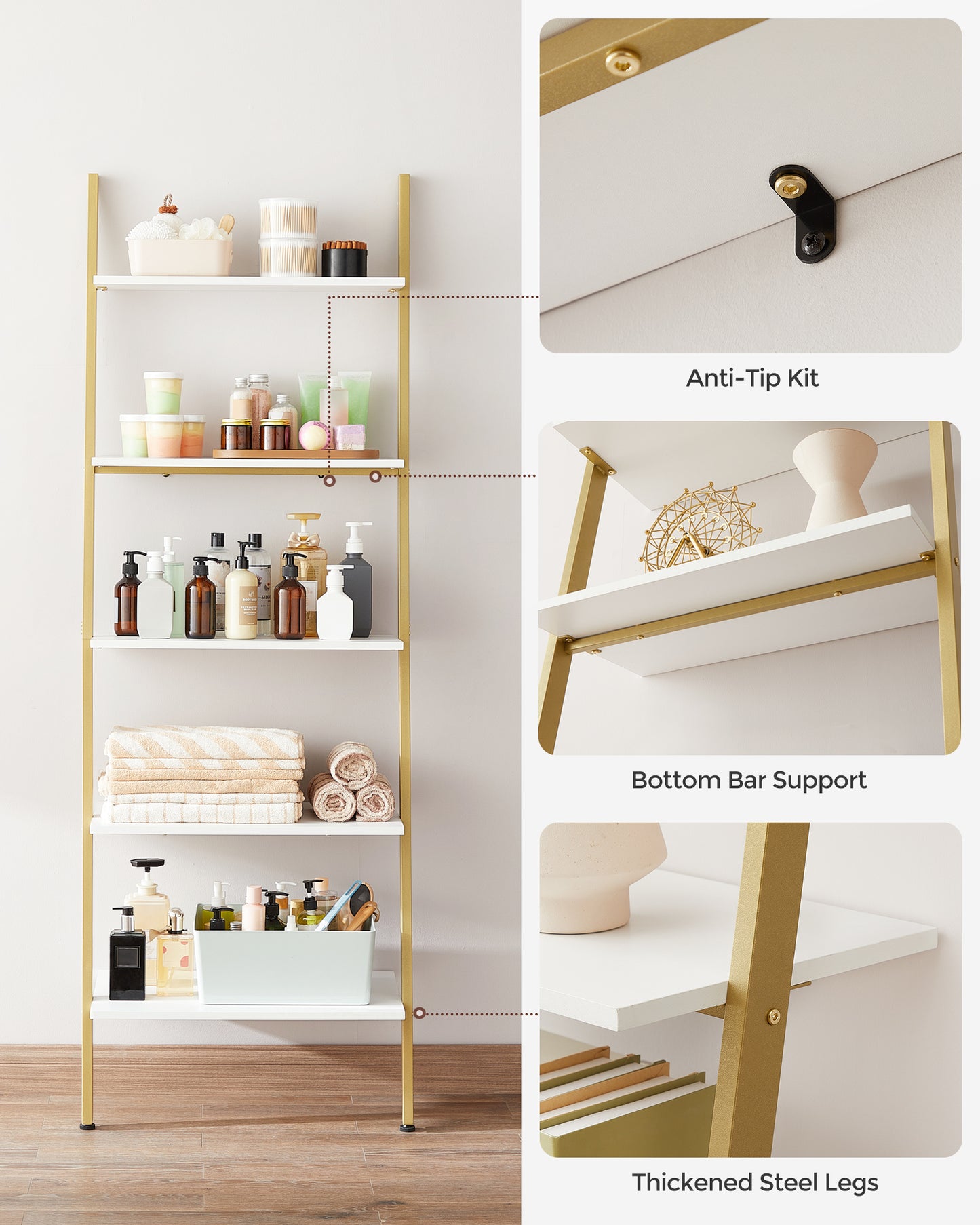 5-Tier Industrial Ladder Shelf, Leaning Wall Bookshelf with Rustic Brown Shelves, Stable Steel Storage Rack, White and Gold