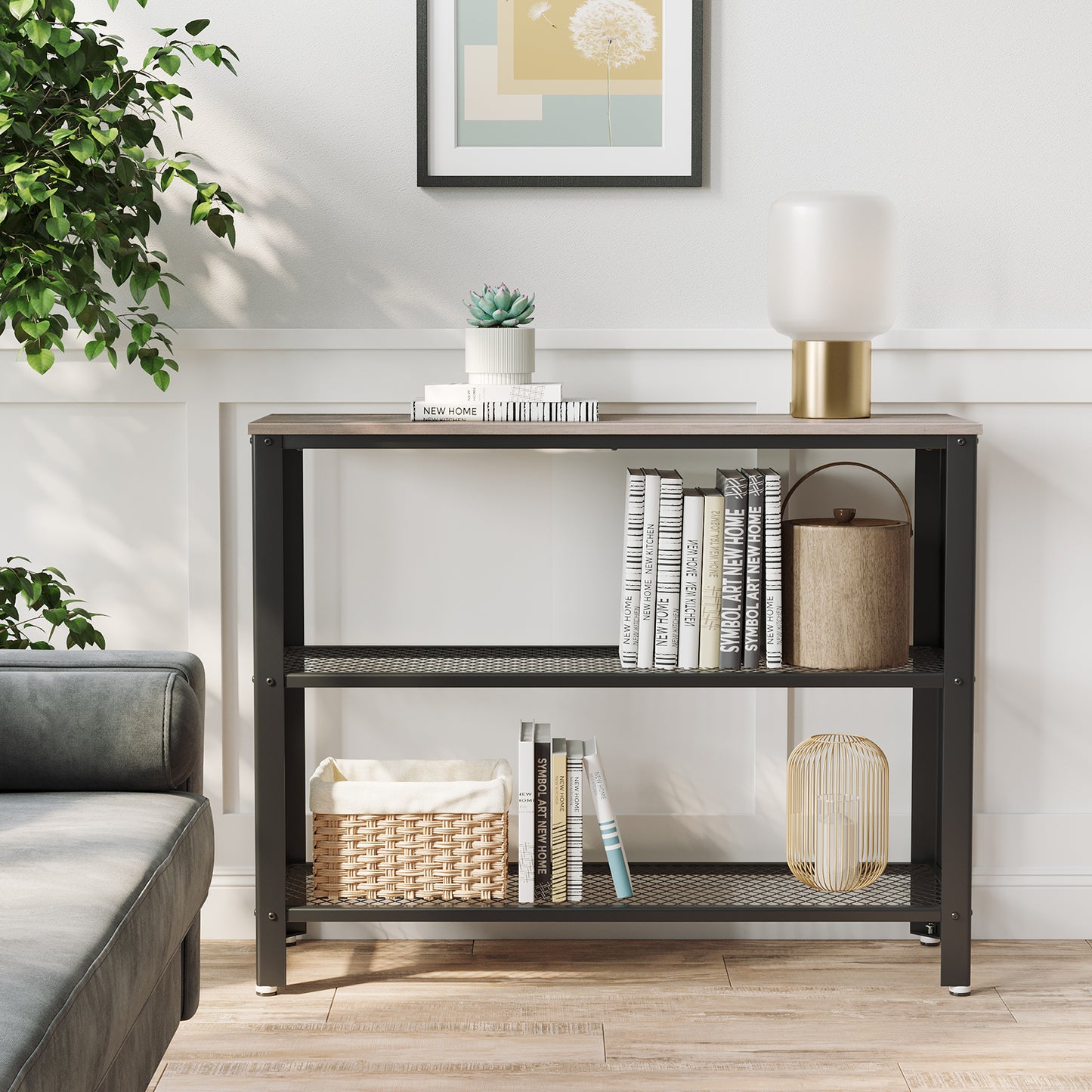 40" Industrial Console Table, 3 Tier Entryway Table with Storage Shelf, Narrow Sofa Table for Living Room, Hallway, Entrance Hall, Corridor, Bedroom, Greige and Black